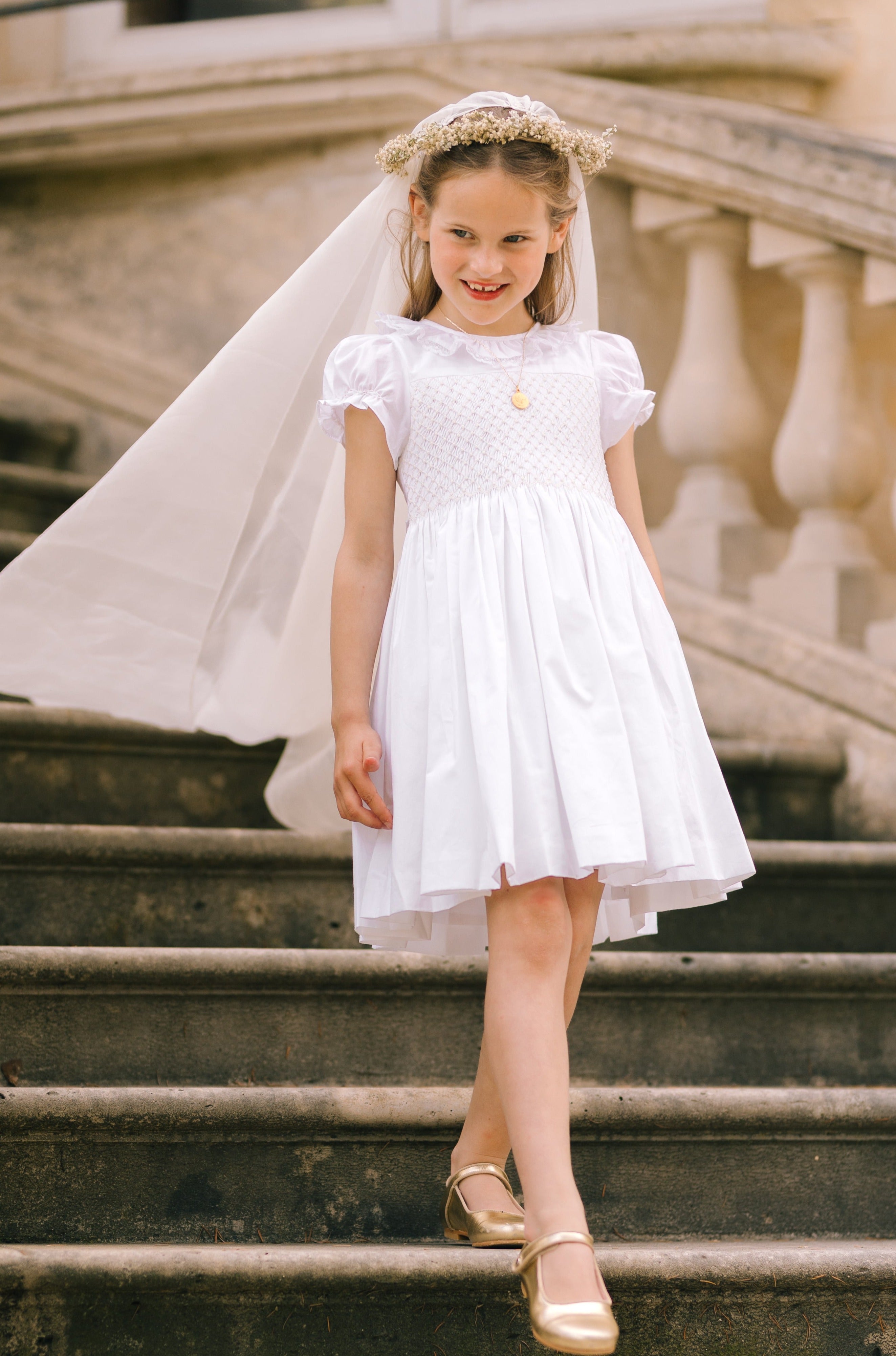 Antoinette Ceremony White Smocked Girl Dress - Main Image