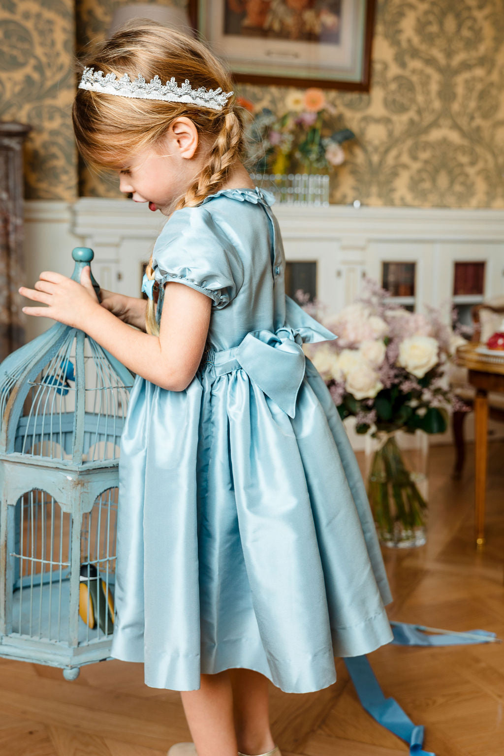 Astrid Blue Silk Smocked Girl Dress