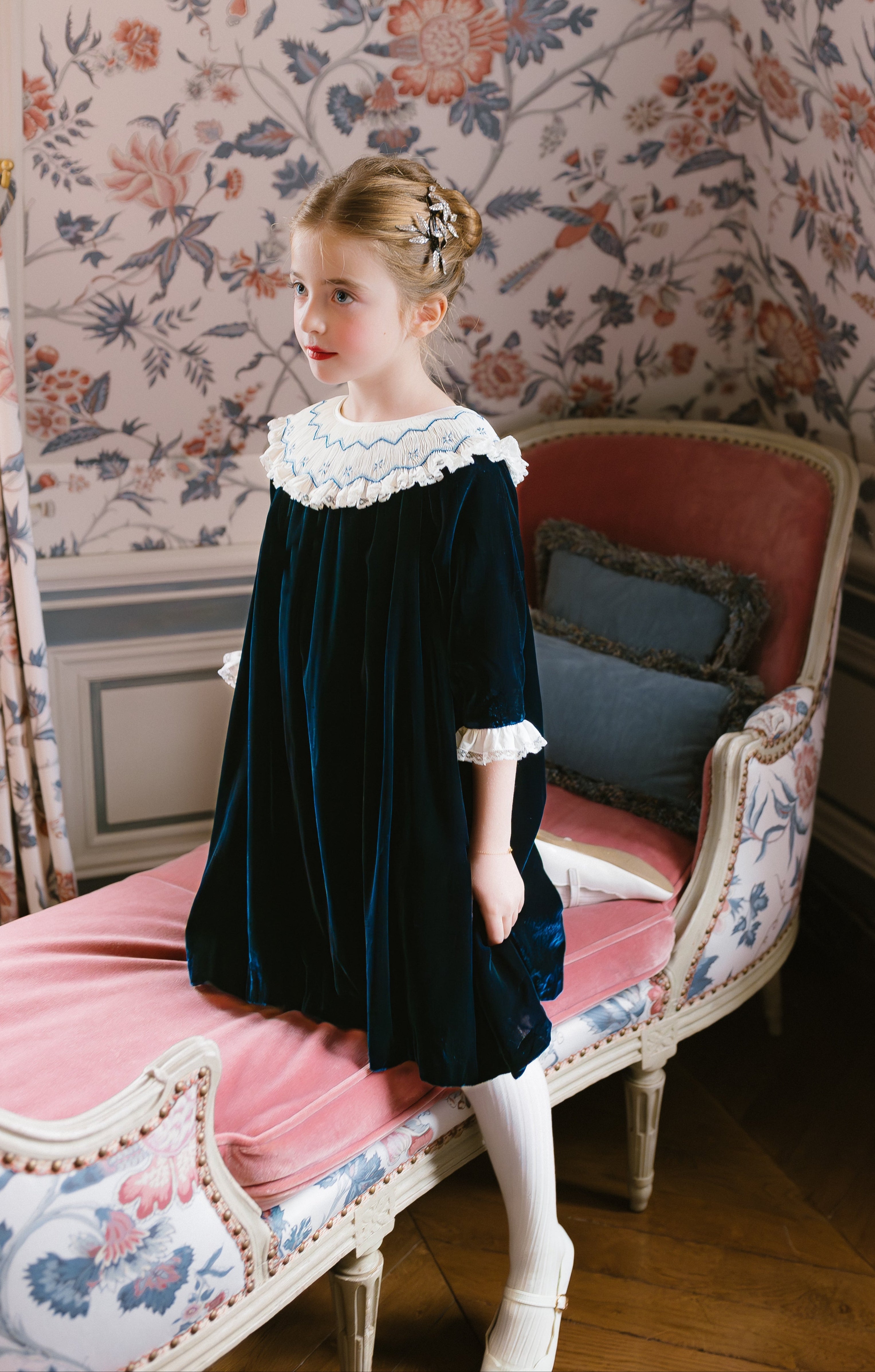 Celeste Navy Velvet Bishop Dress | Girls Christmas Dress