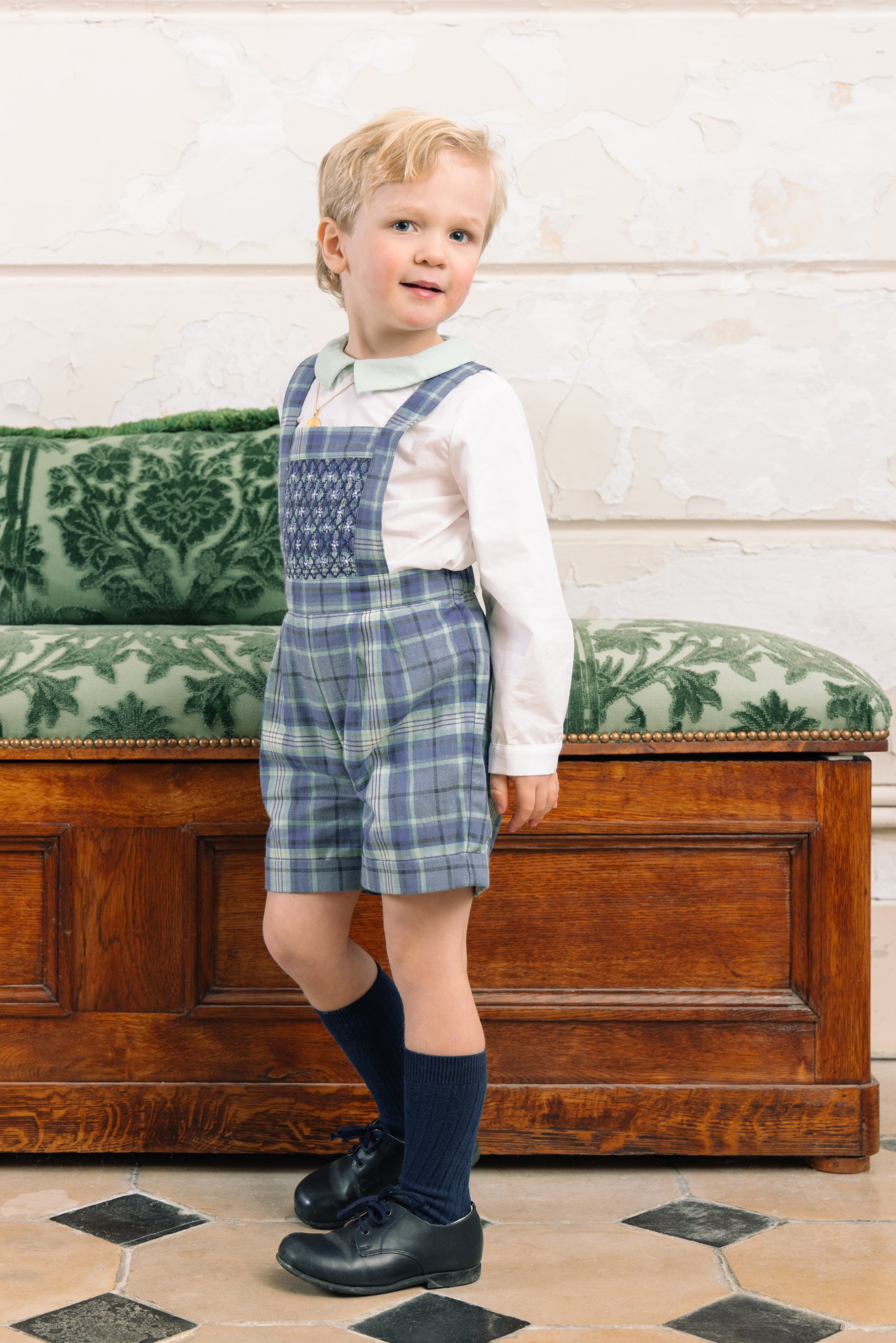 George Blue Tartan Smocked Overalls Set