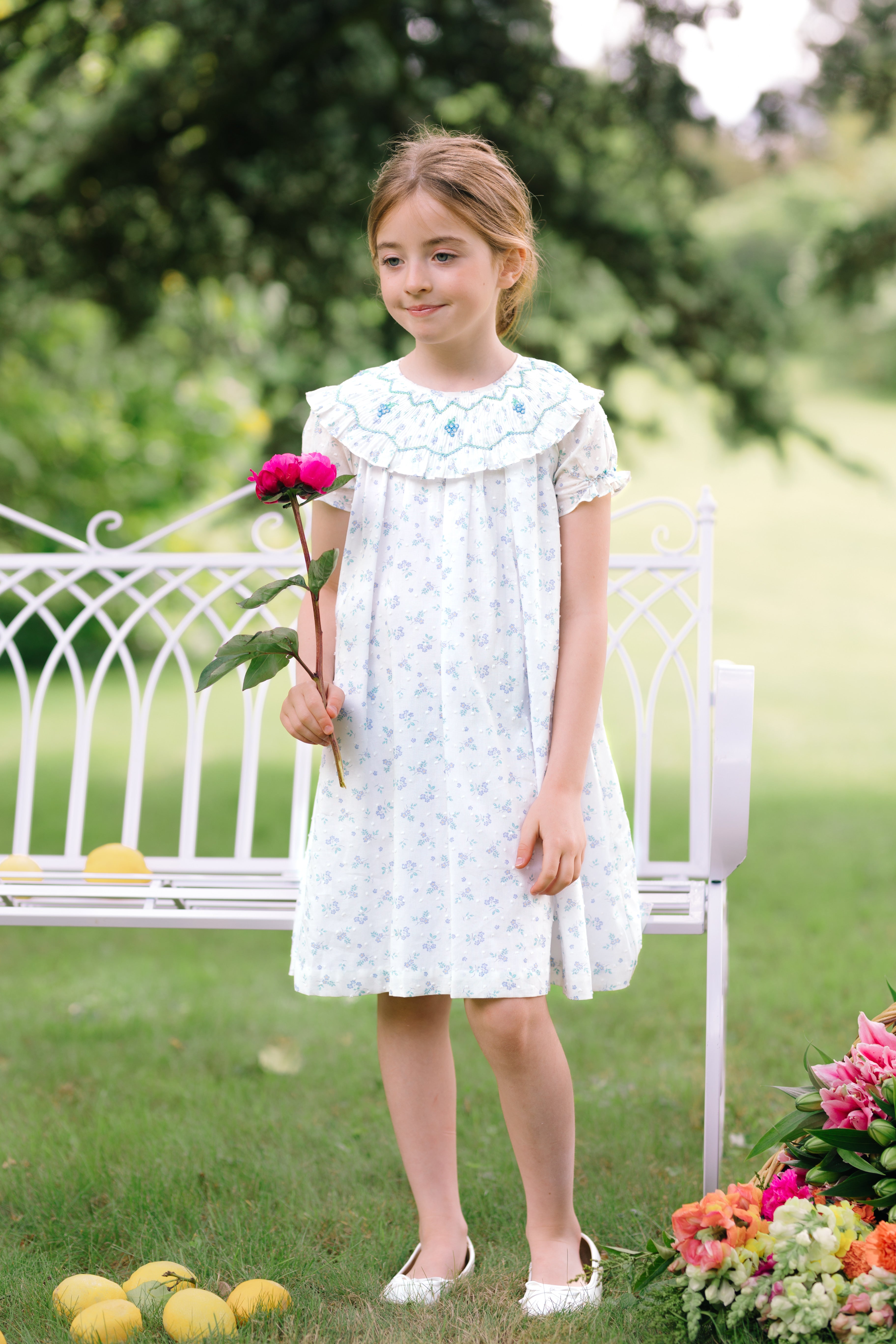 Myrtille Blue Floral Short Sleeve Bishop Dress Myrtille Blue Floral Short Sleeve Bishop Dress