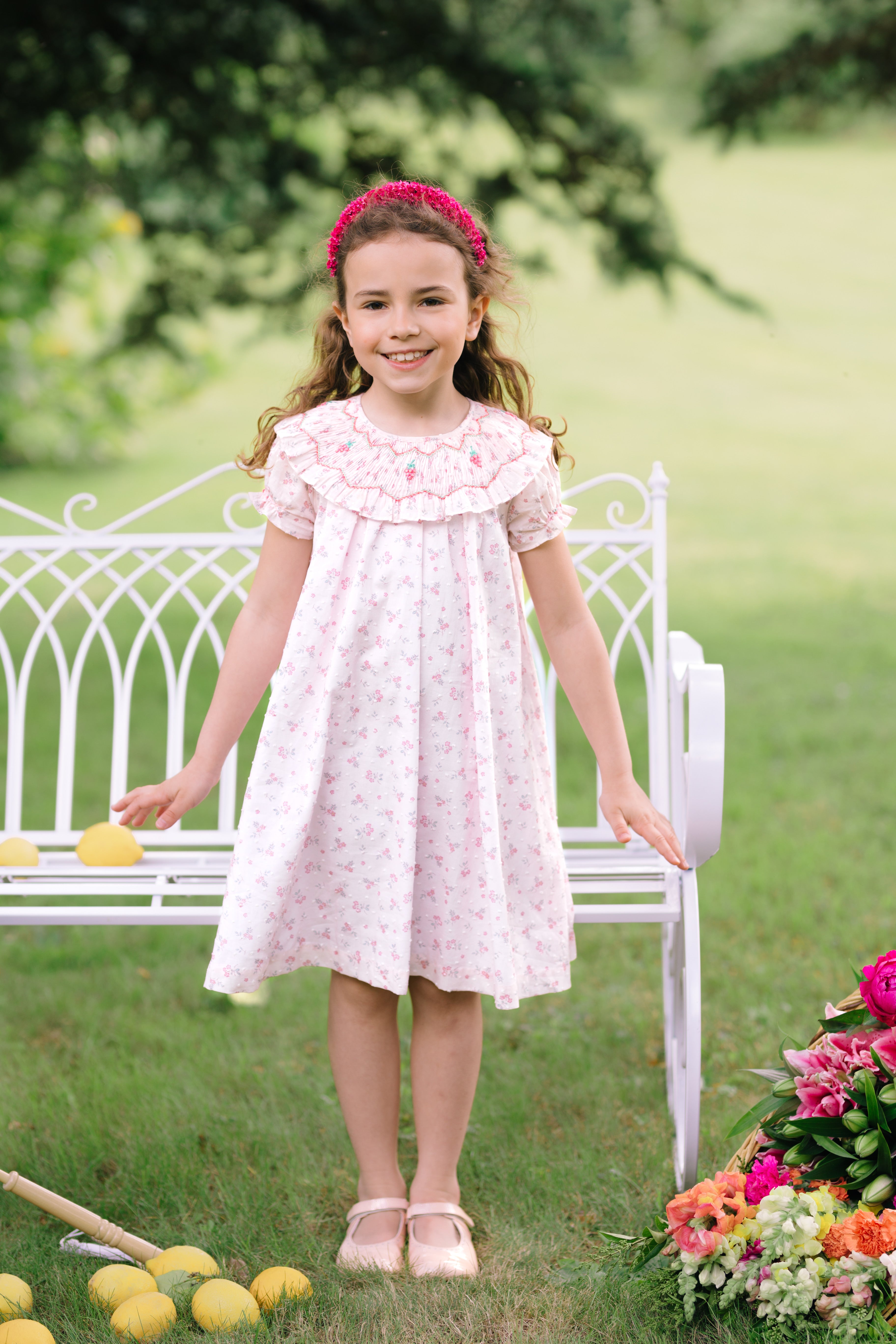 open lace back dress Myrtille Pink Floral Short Sleeve Bishop Dress