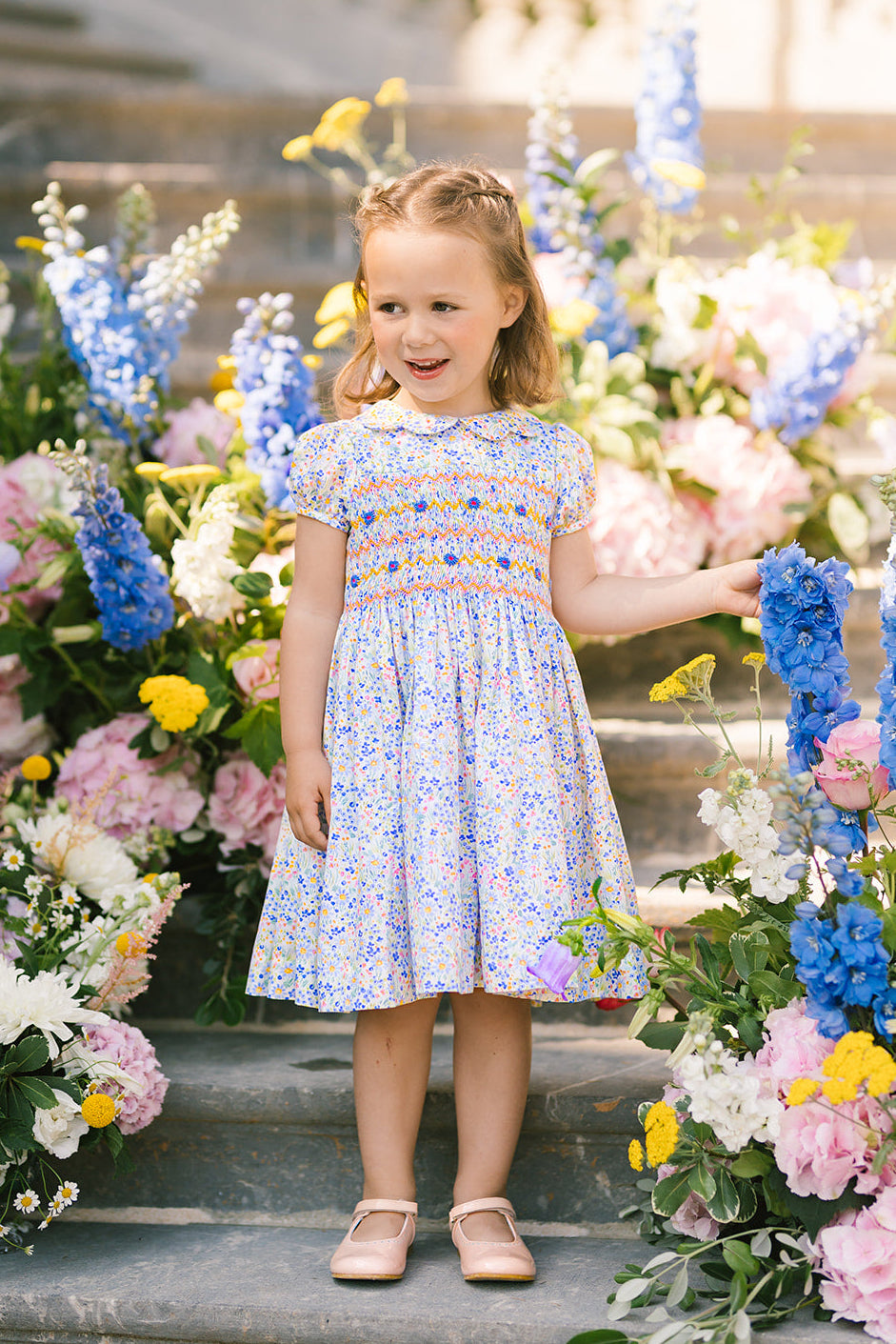 blue dress with embroidered flowers Dusty Blue Floral Embroidered Tulle Maxi Dress with Corset Bodice Custom Color / Above Knee / US8 main image 0