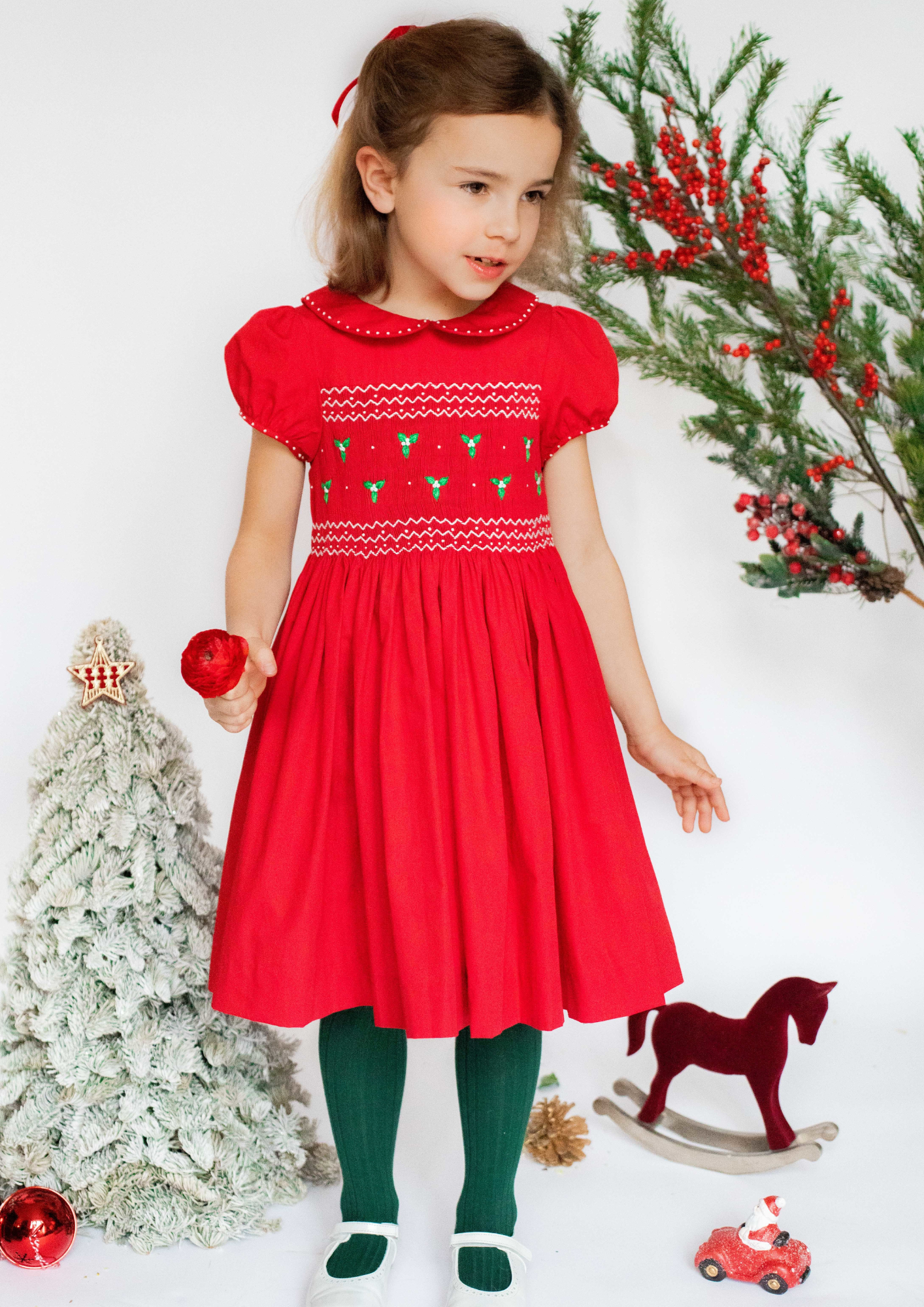 Pauline Red Classic Christmas hand smocked Dress