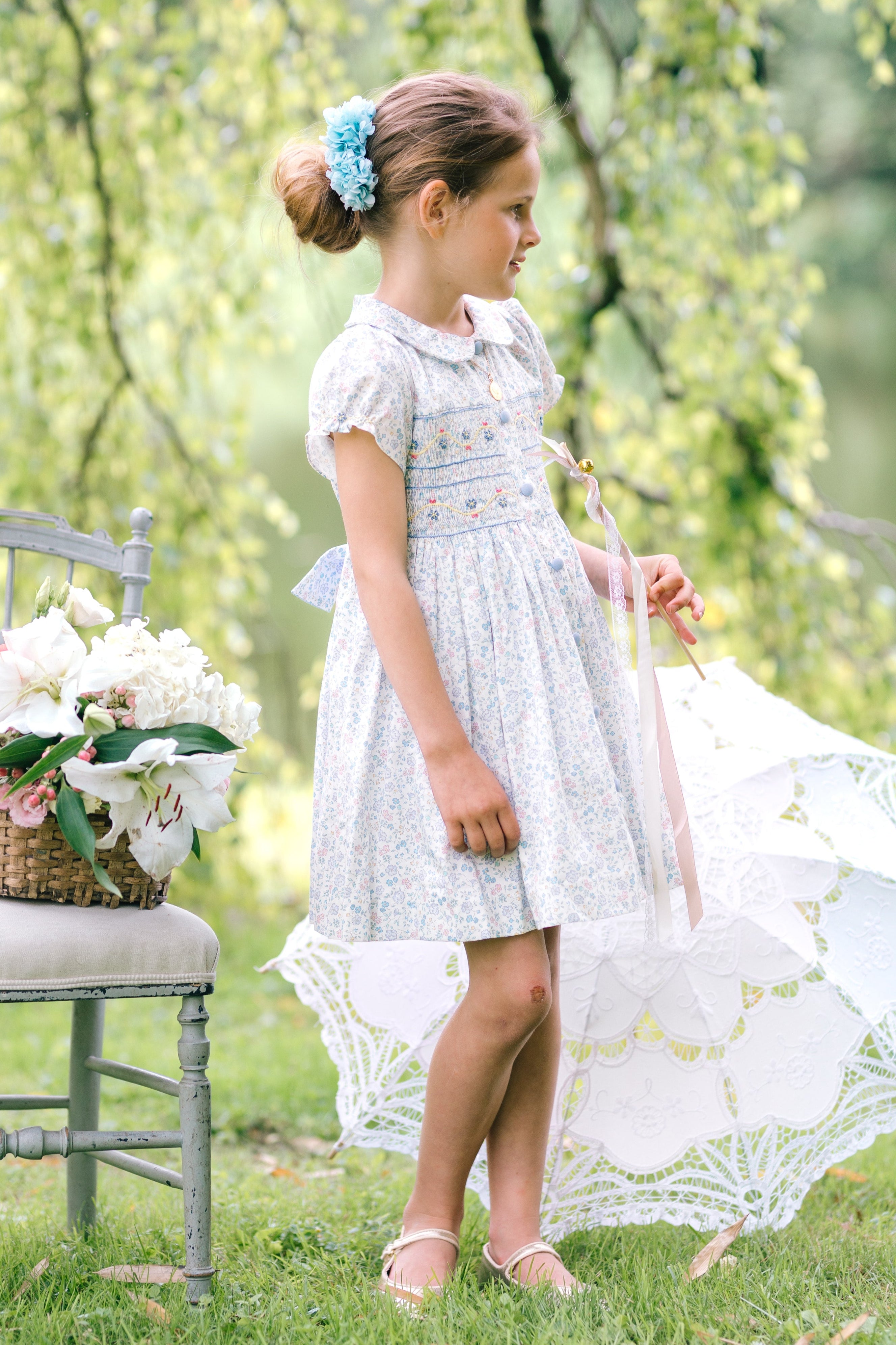 Violette Floral Blue Short Puff Smocked Dress Violette Floral Blue Short Puff Smocked Dress