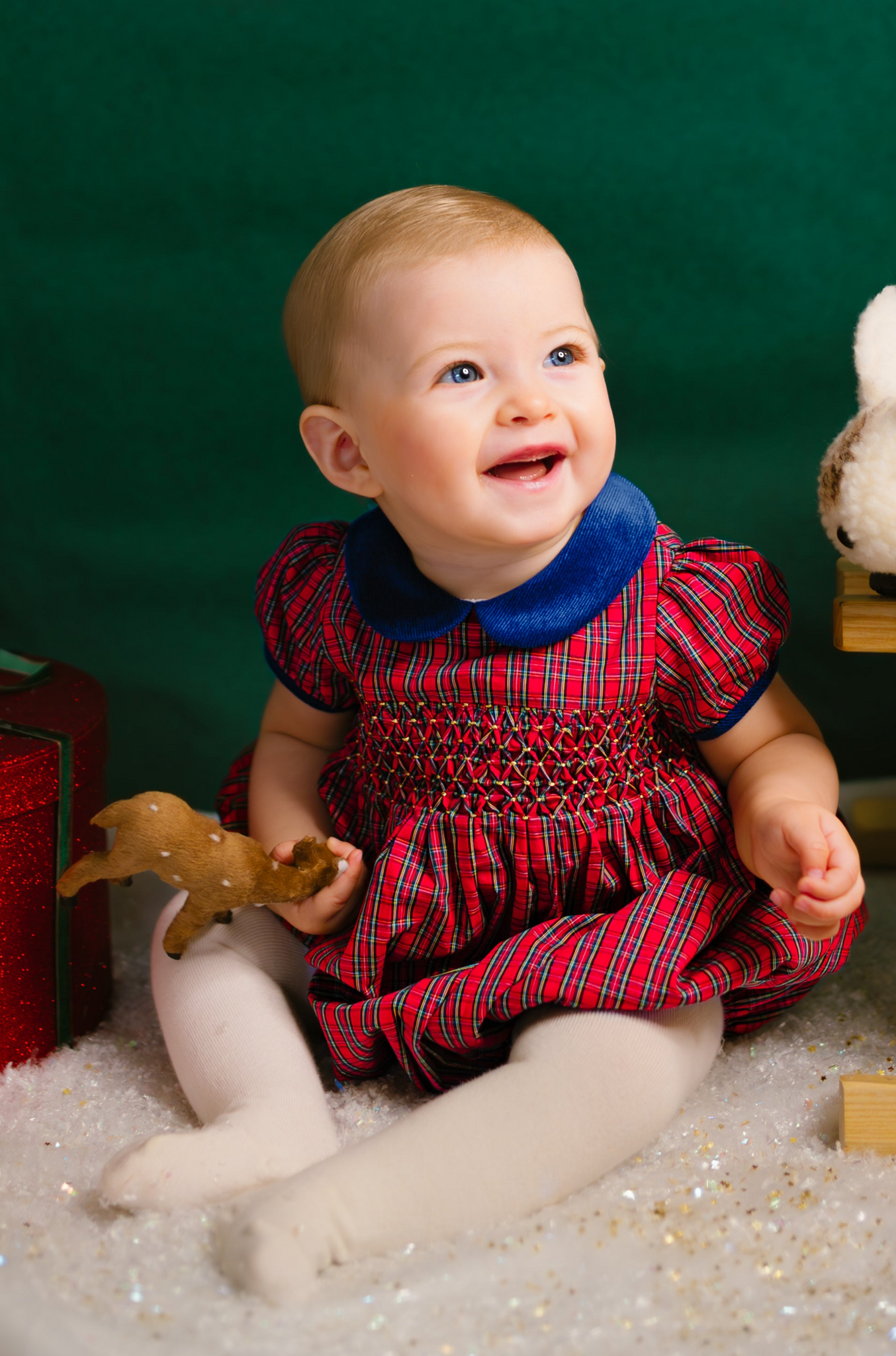 Close up to Angelica Red Tartan Short Sleeve Smocked Bubble