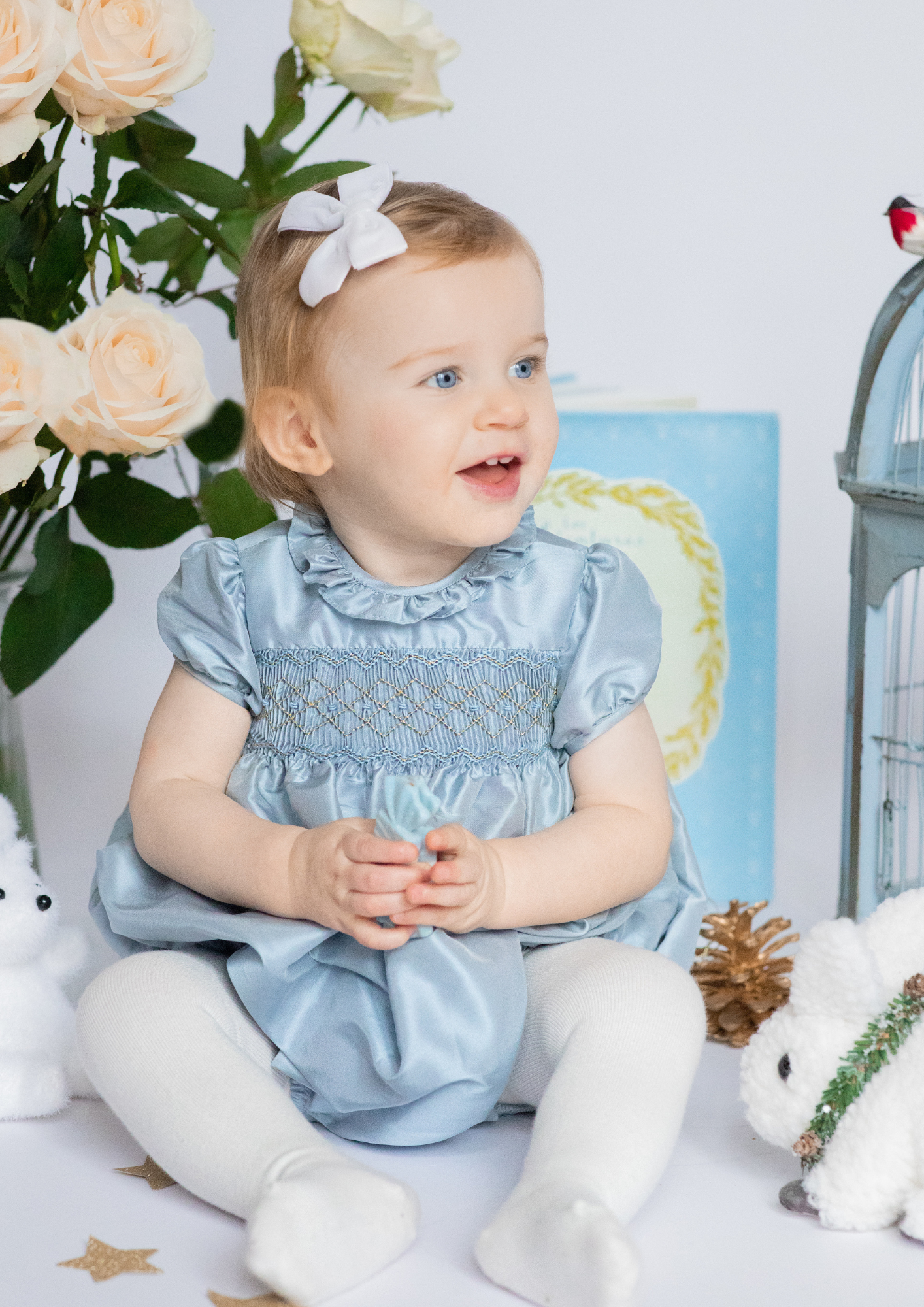 Astrid Blue Silk Smocked Baby Bubble