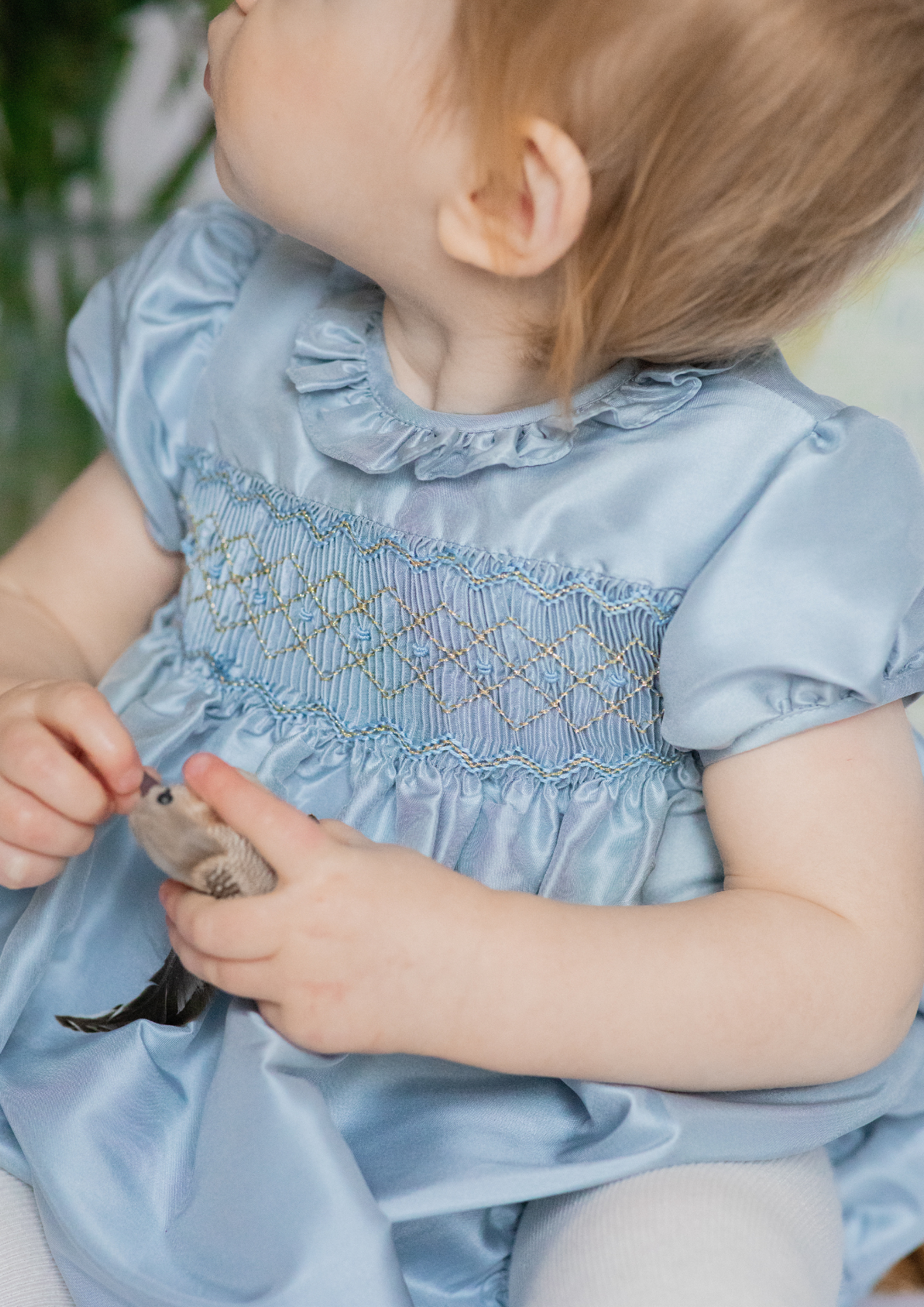 Astrid Blue Silk Smocked Baby Bubble