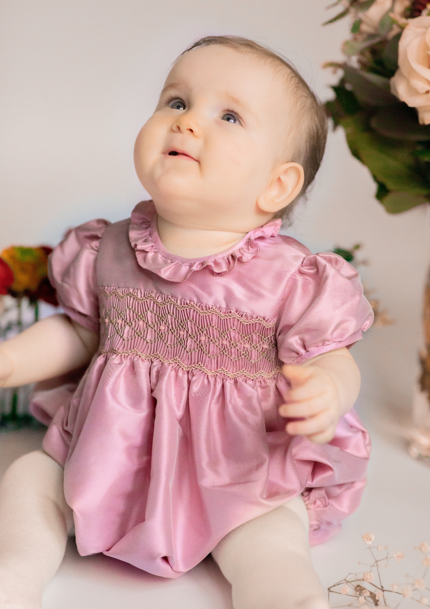 Astrid Pink Silk Smocked Baby Bubble