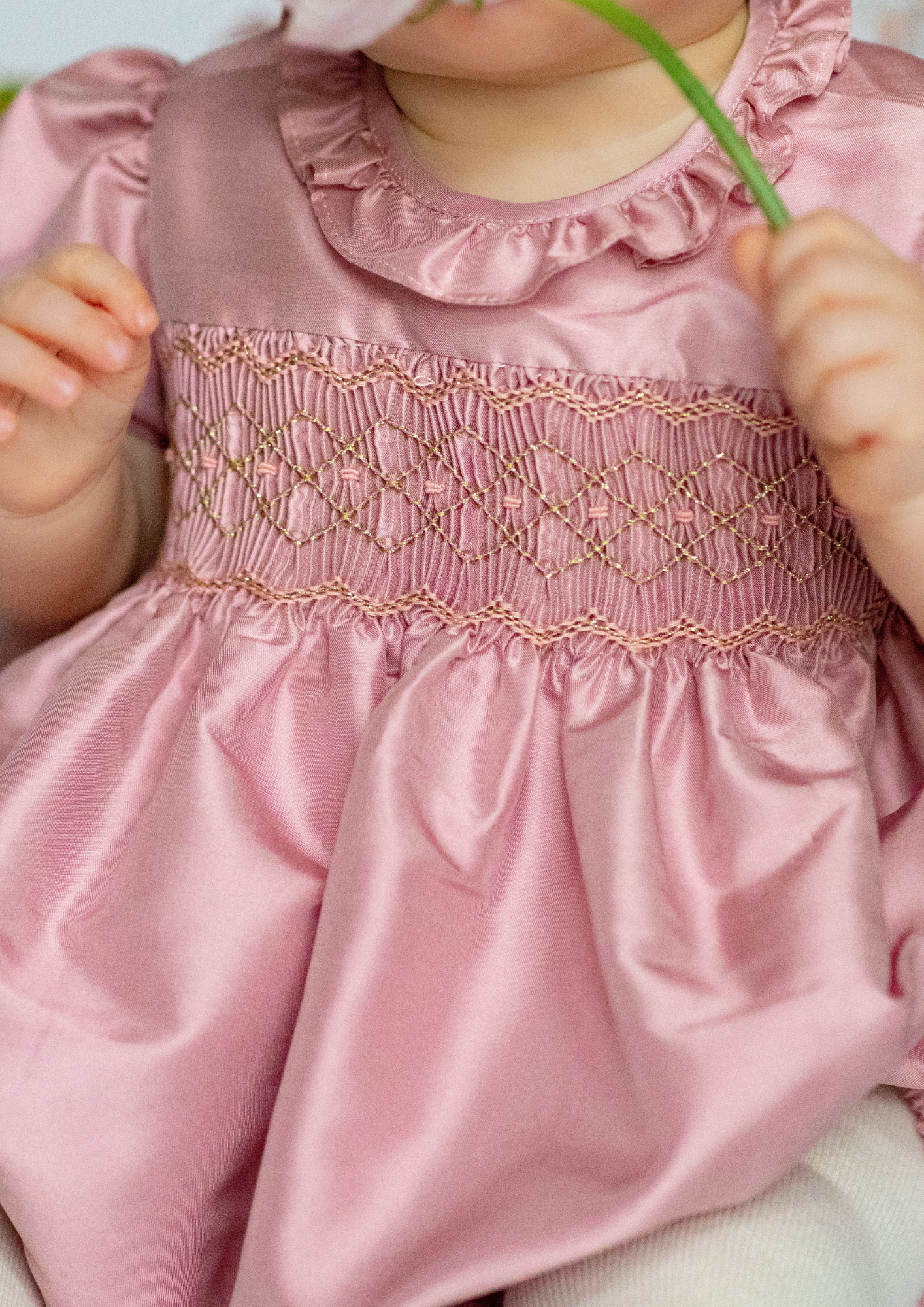 Astrid Pink Silk Smocked Baby Bubble