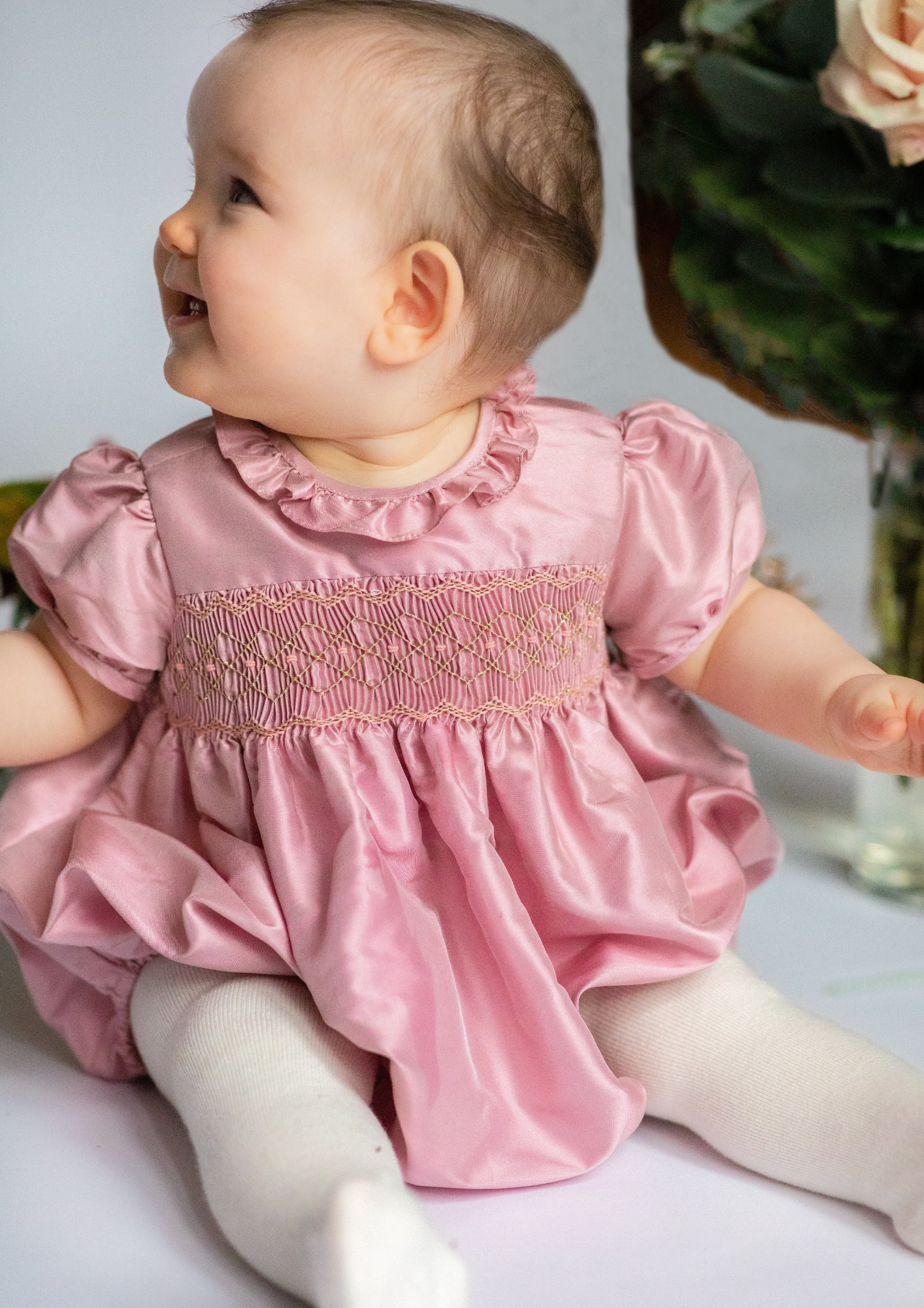 Astrid Pink Silk Smocked Baby Bubble