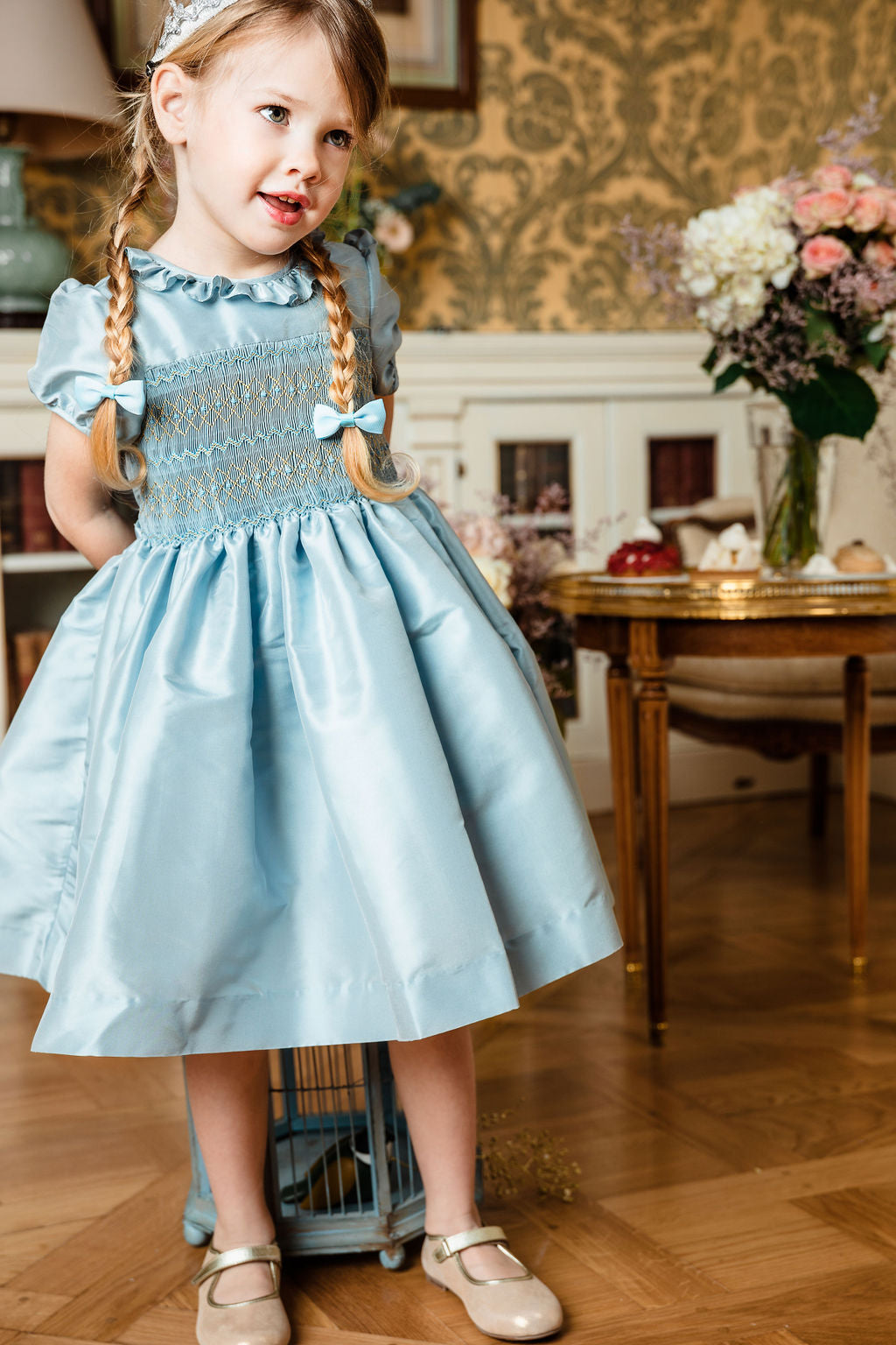 Astrid Blue Silk Smocked Girl Dress