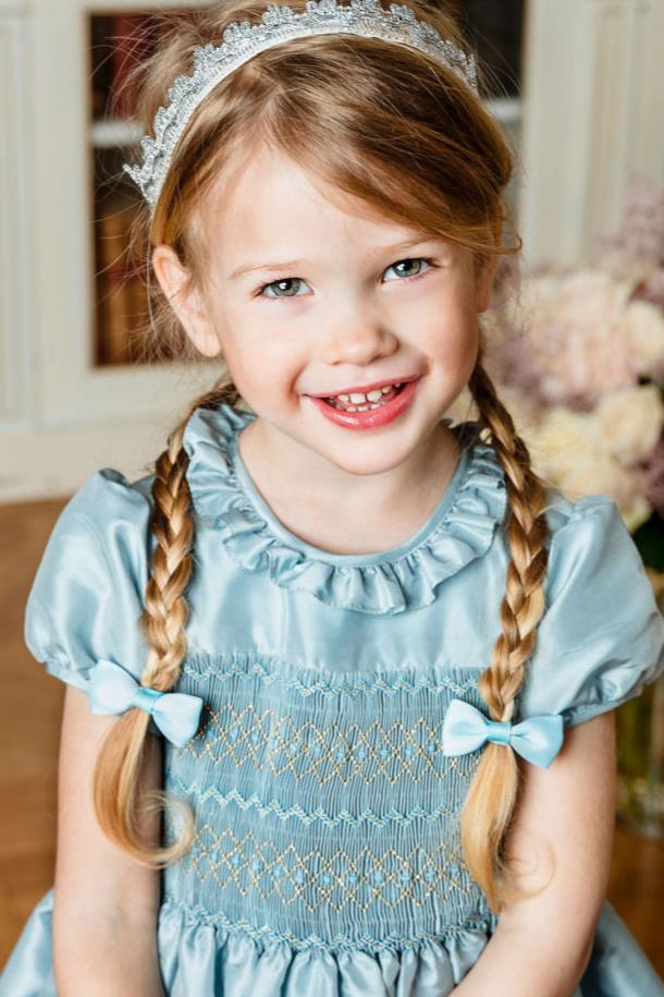 Astrid Blue Silk Smocked Girl Dress