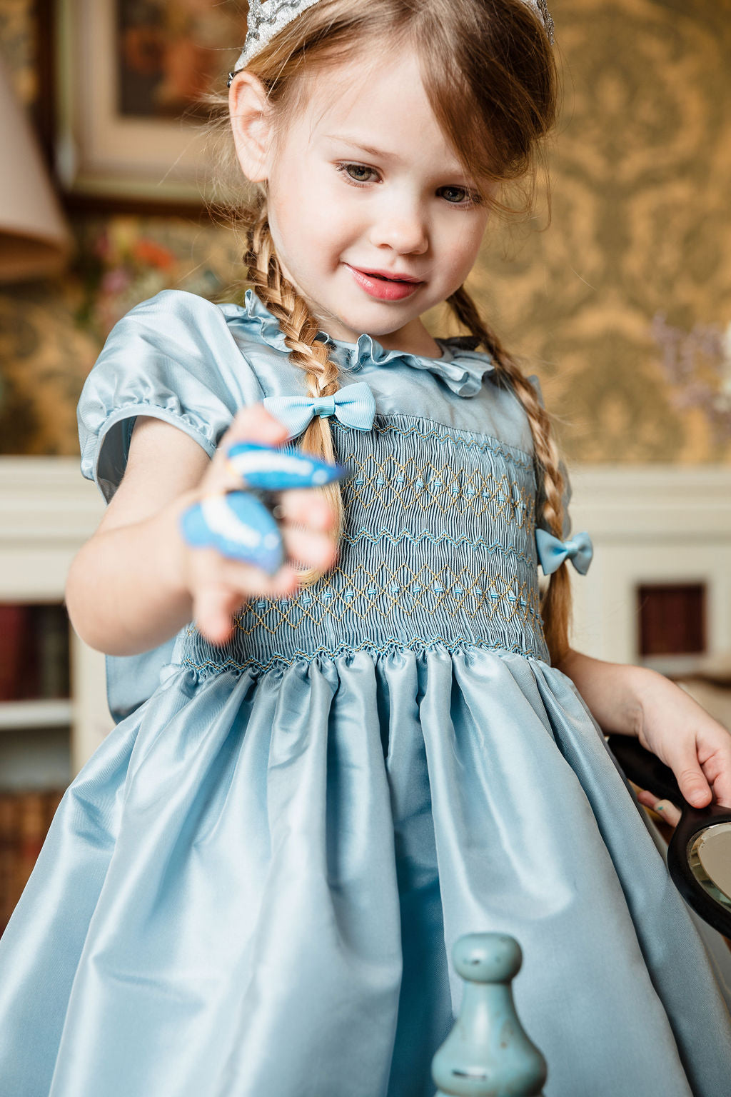 Astrid Blue Silk Smocked Girl Dress