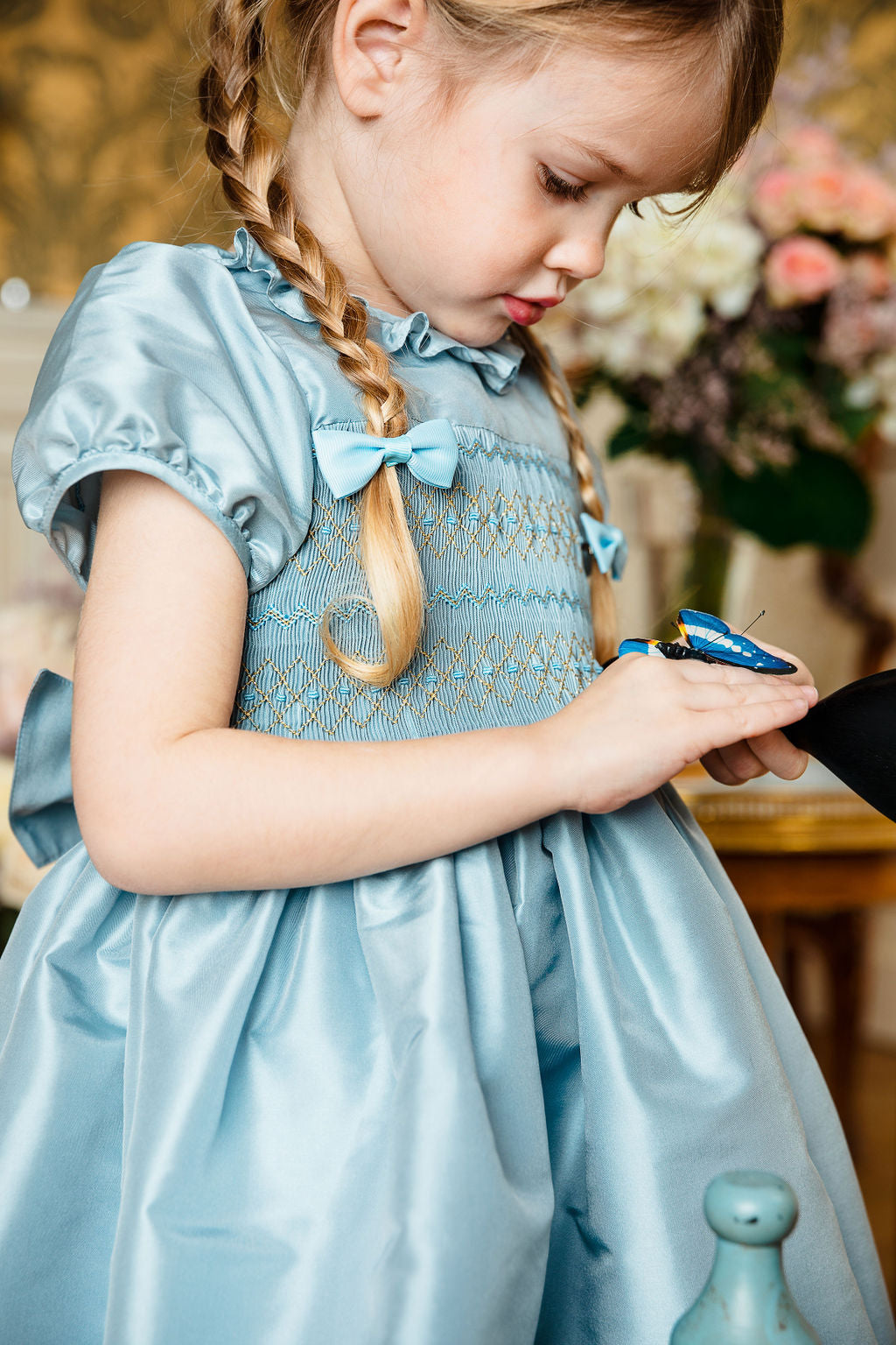 Astrid Blue Silk Smocked Girl Dress