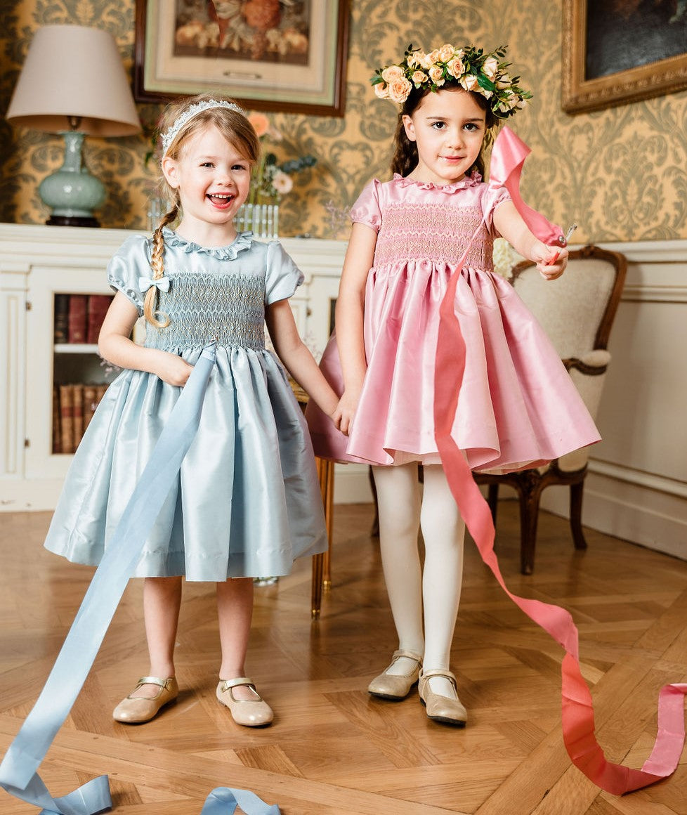 Astrid Blue Silk Smocked Girl Dress