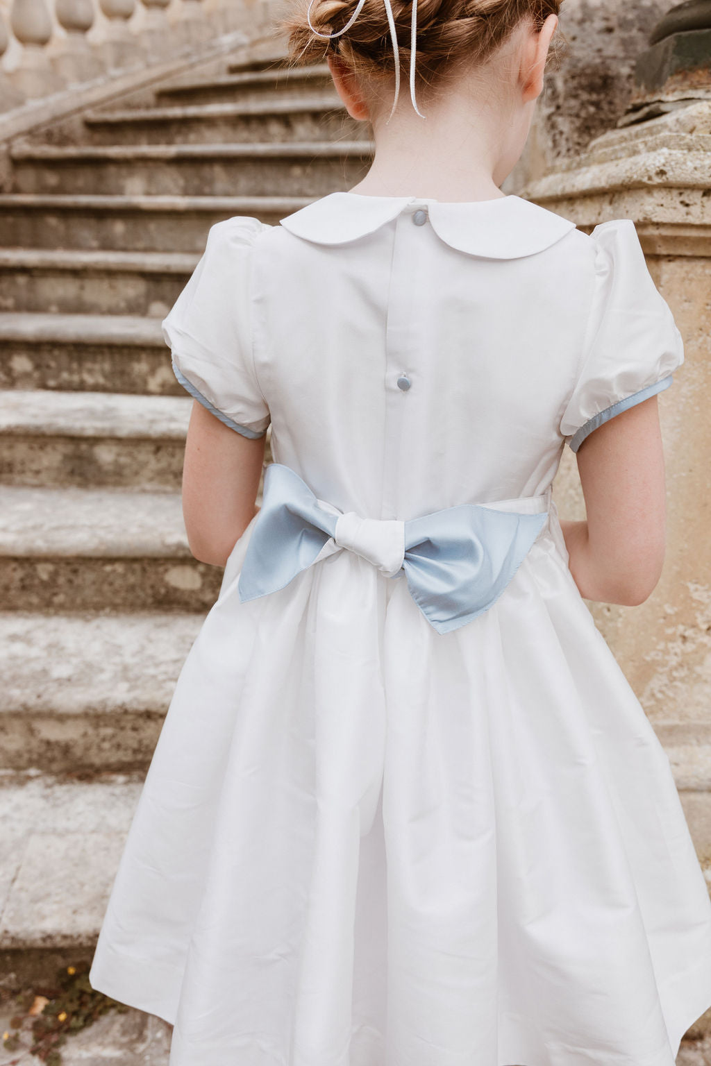 BAGATELLE WHITE/BLUE SILK HANDMADE SMOCKED DRESS