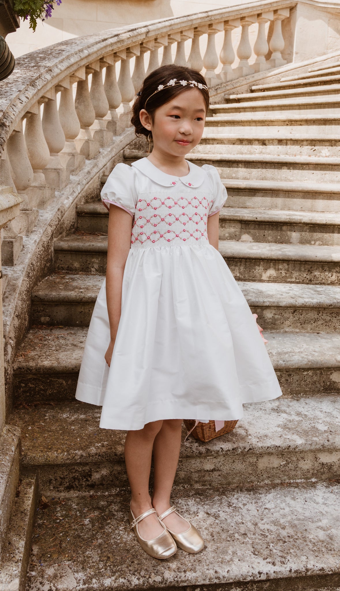 BAGATELLE WHITE/PINK SILK HANDMADE SMOCKED DRESS