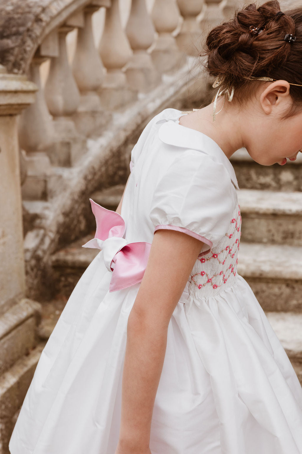 BAGATELLE WHITE/PINK SILK HANDMADE SMOCKED DRESS