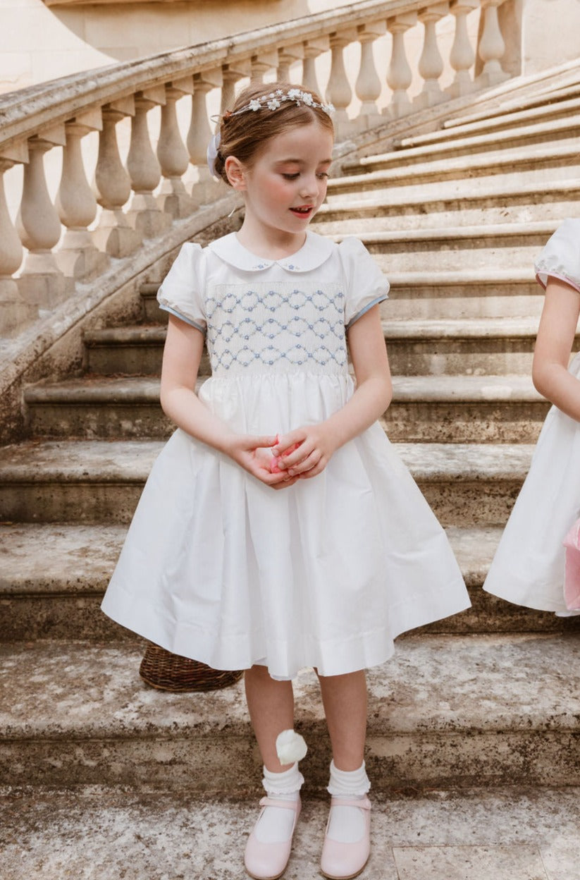 BAGATELLE WHITE/BLUE SILK HANDMADE SMOCKED DRESS