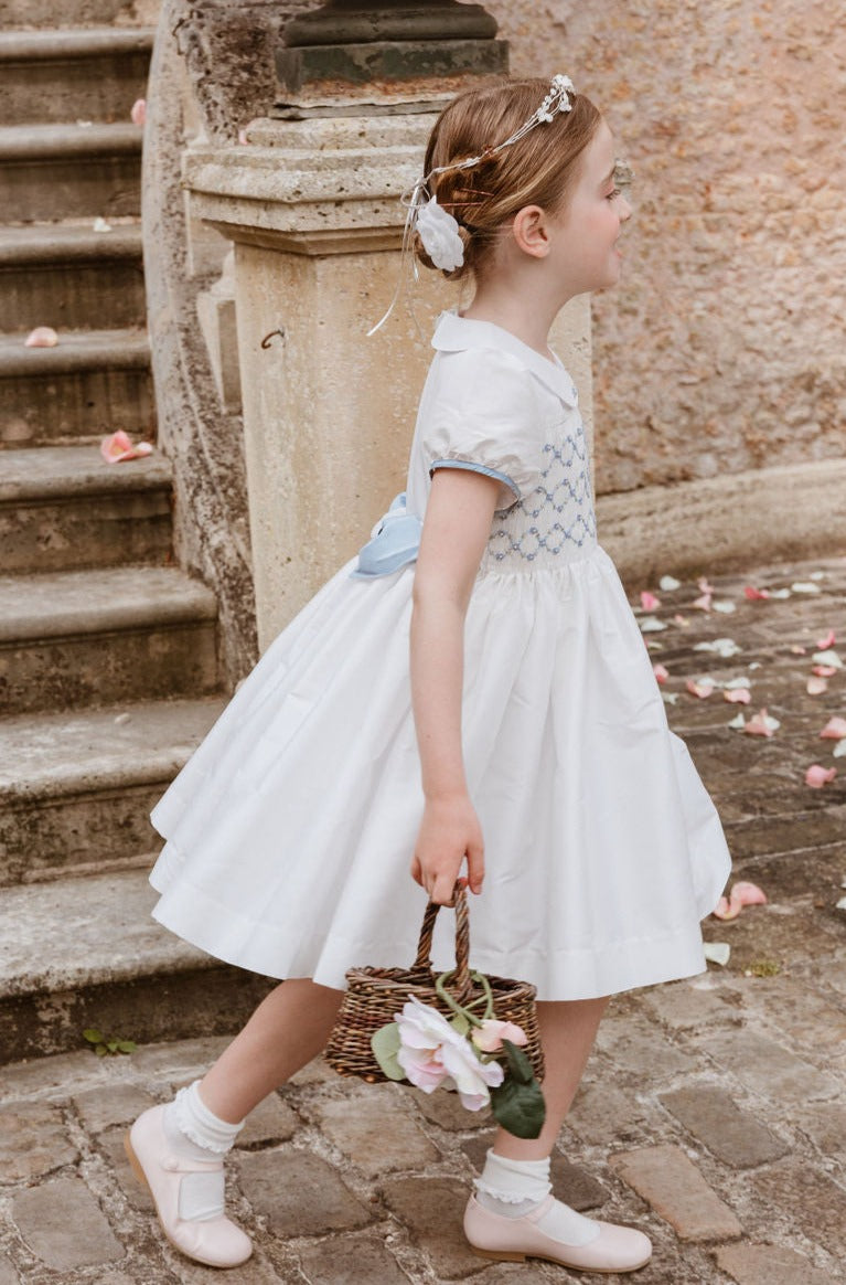 BAGATELLE WHITE/BLUE SILK HANDMADE SMOCKED DRESS