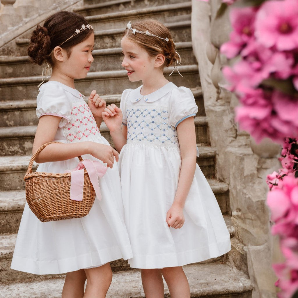 Bagatelle White/Blue Silk Handmade Smocked Dress 10T