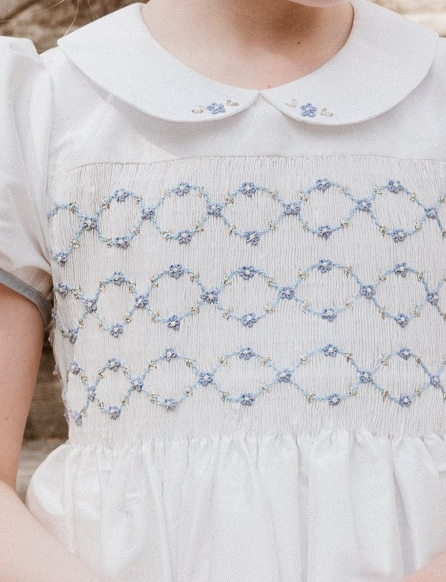Bagatelle White/Blue Silk Handmade Smocked Dress 10T