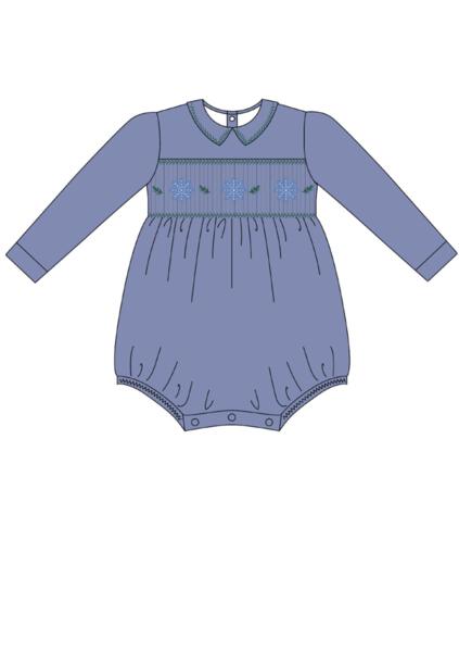 Mock up design of a Blue long-sleeve smocked baby boy bubble with Peter Pan collar and snowflake embroidery, elastic leg hems, 100% cotton twill.