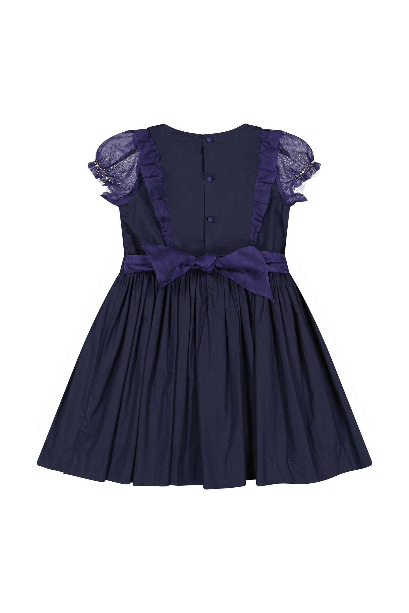 Back of Camelia Navy Cotton Smocked Dress