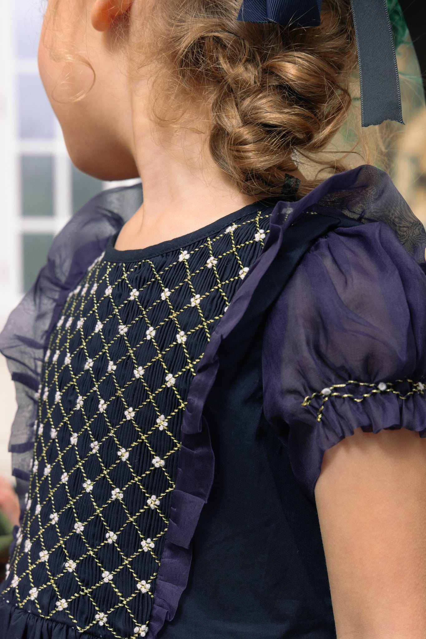 Close-up of smocking detail on Camelia Navy Cotton Smocked Dress