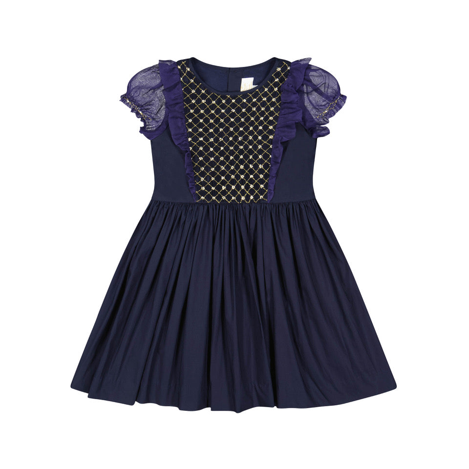 Front of Camelia Navy Cotton Smocked Dress