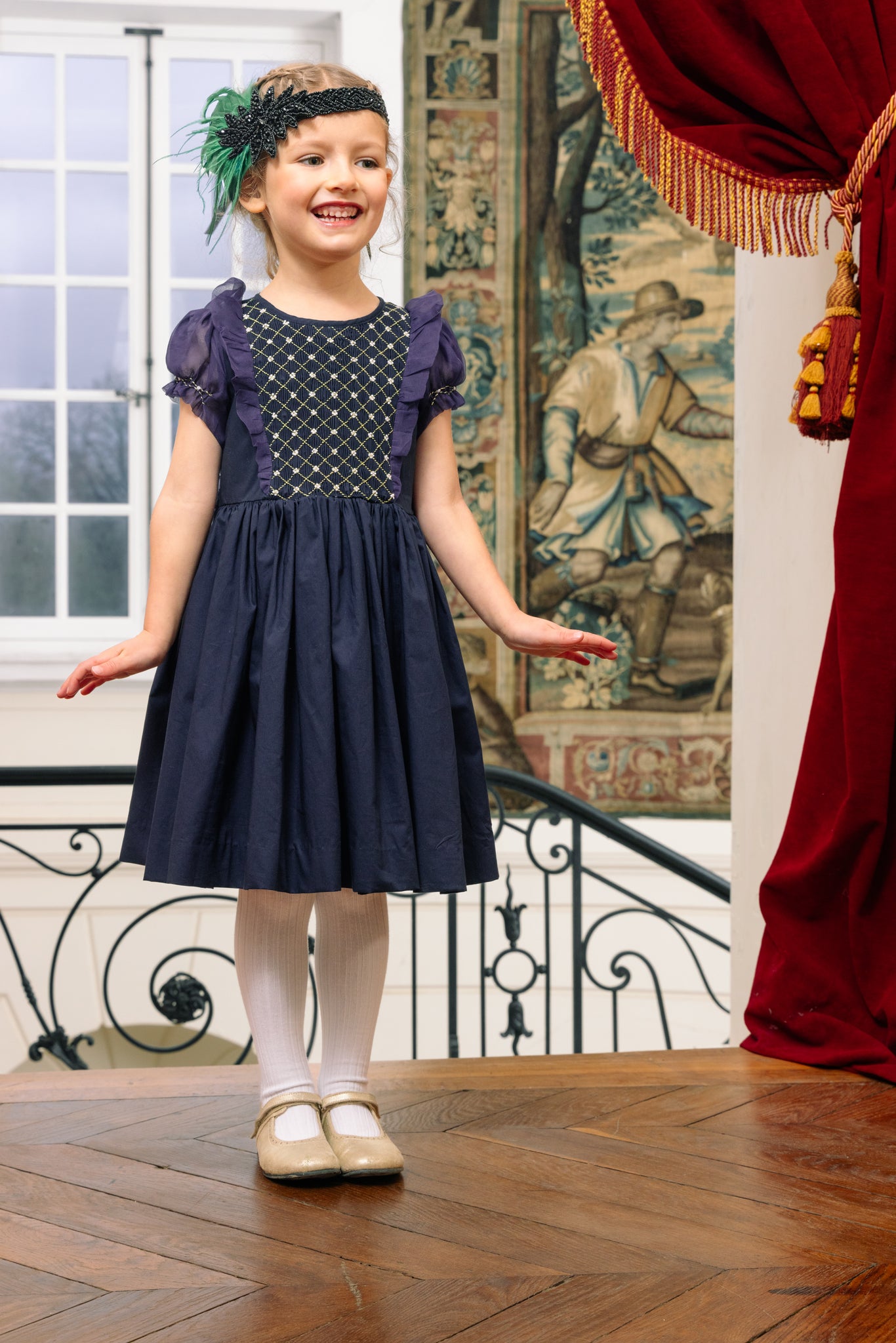 Close up to Camelia Navy Cotton Smocked Dress
