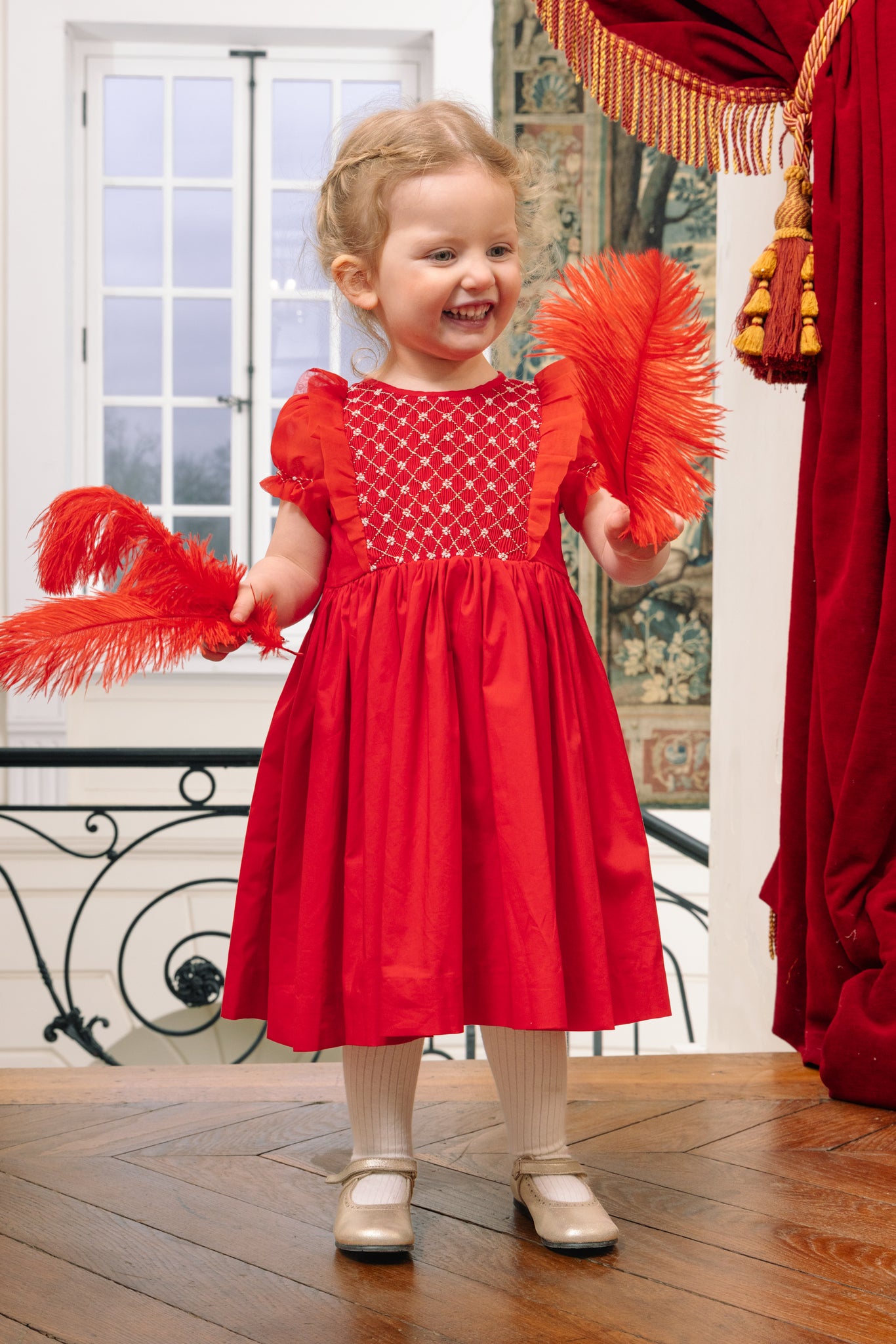 Close up to Camelia Red Cotton Smocked Dress