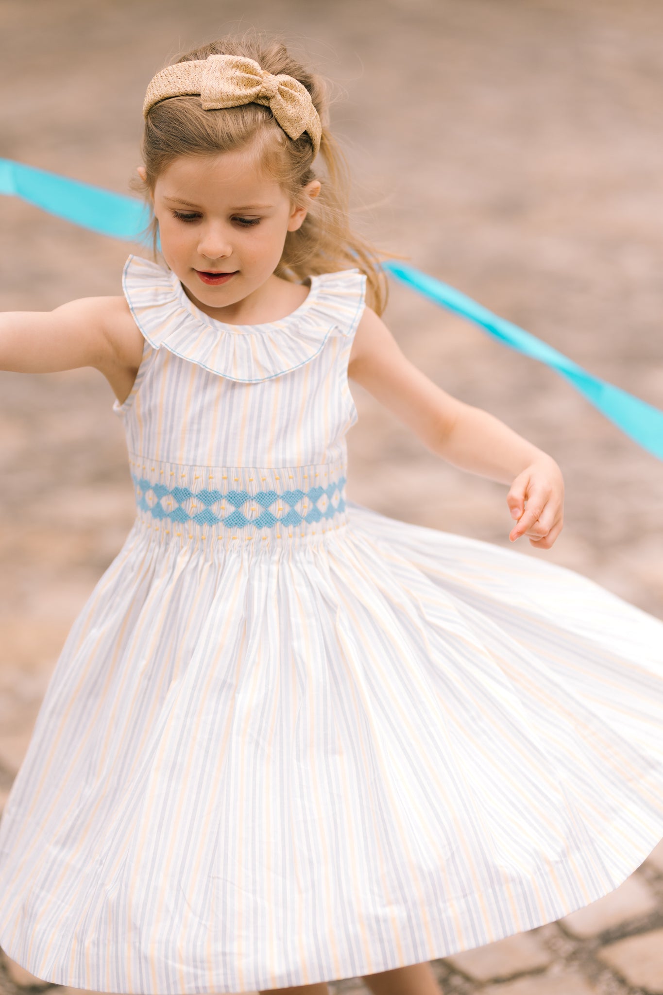 Capucine Blue Yellow Stripe Sleeveless Smocked Dress