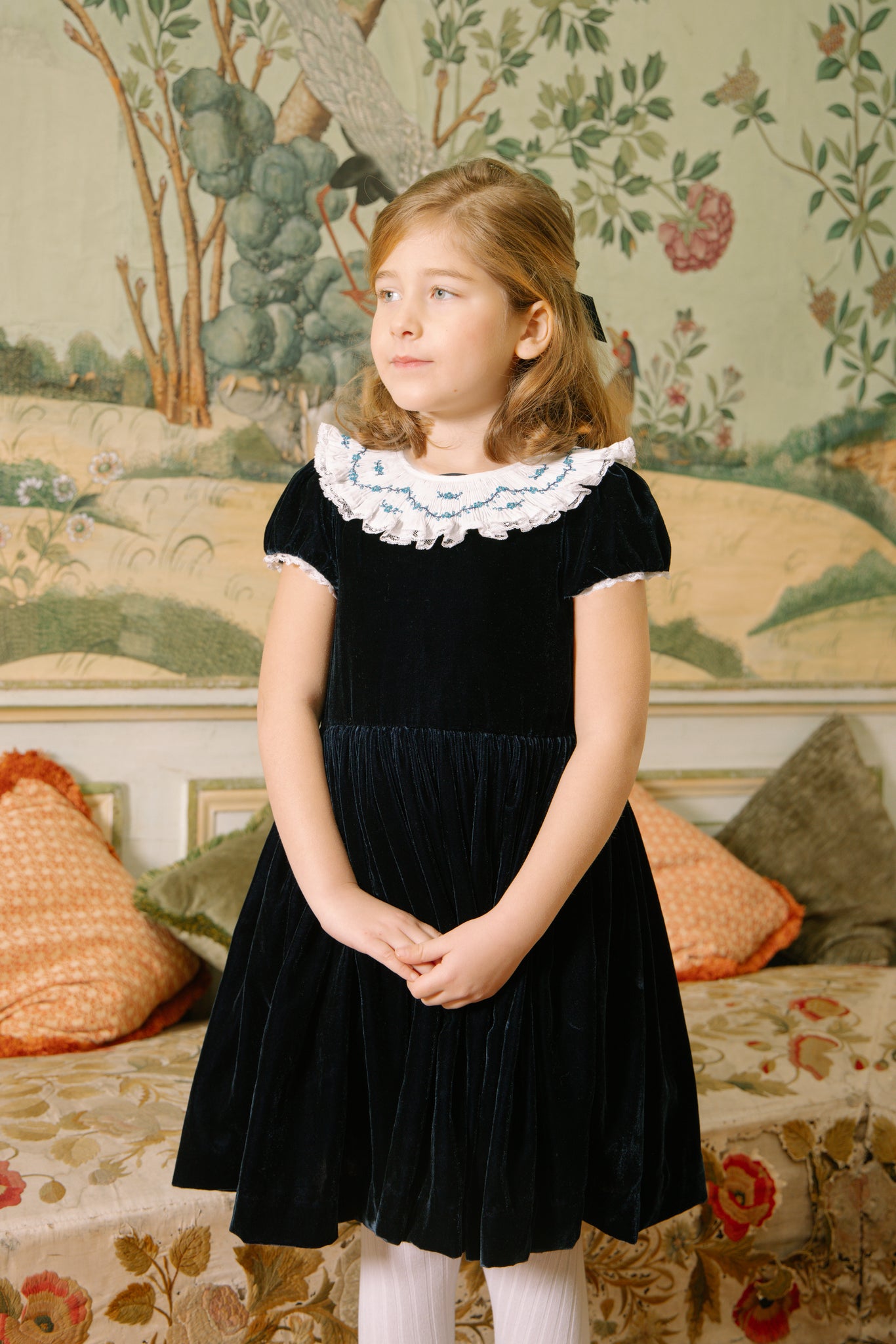 Close up to Celestine Navy Velvet Smocked Dress