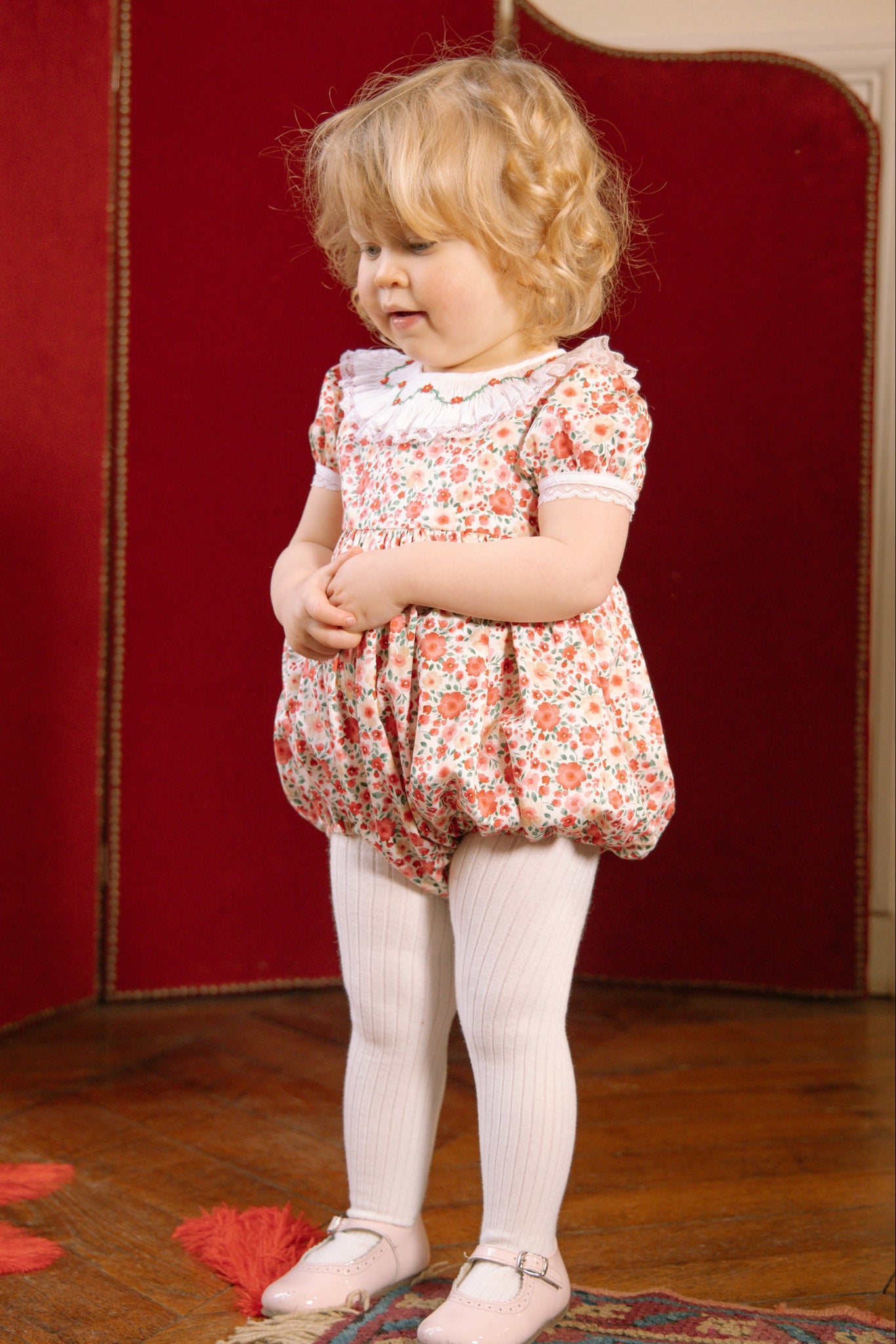 Close up to Celestine Red Floral Smocked Romper