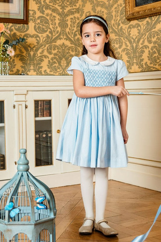 Camille Blue Gingham Flannel Smocked Dress