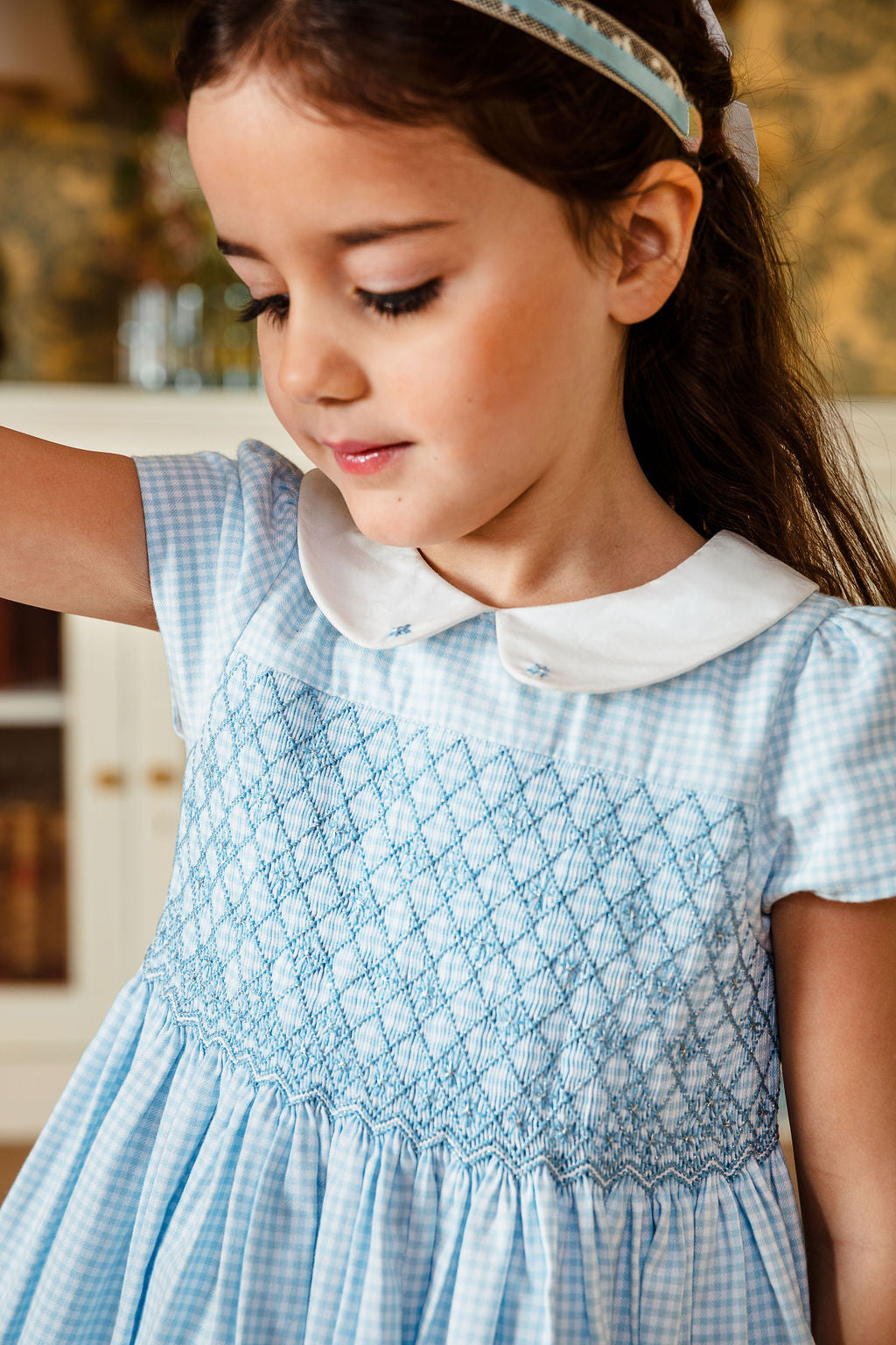 Camille Blue Gingham Flannel Smocked Dress