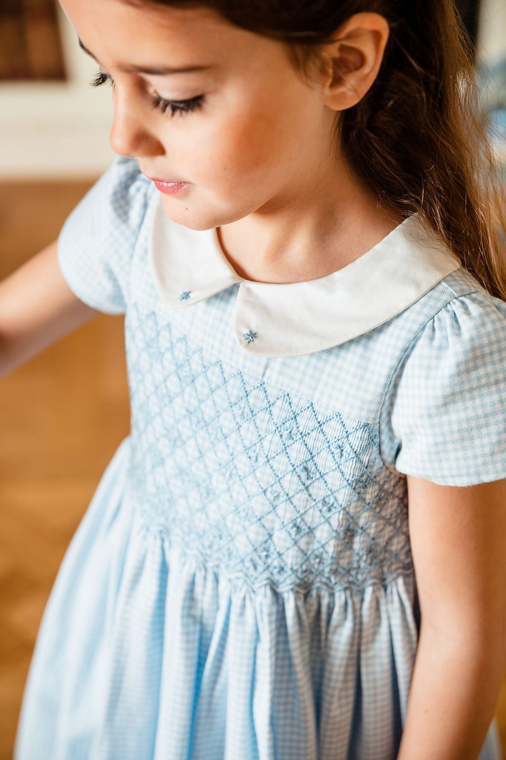 Camille Blue Gingham Flannel Smocked Dress