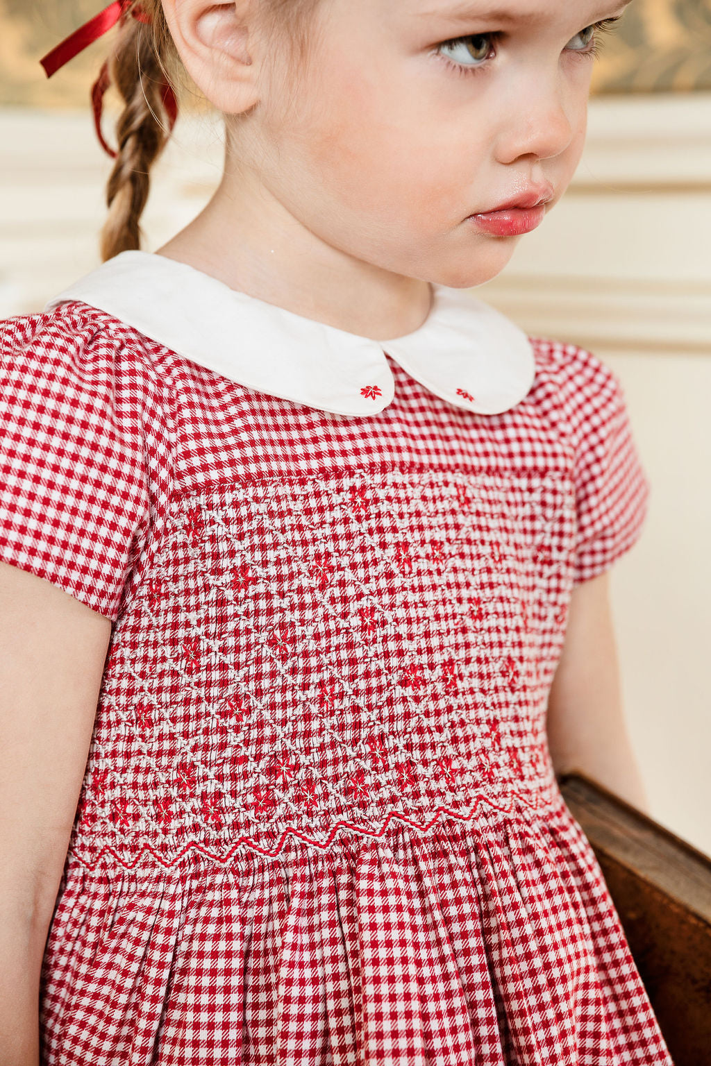 Camille Red Gingham Flannel Smocked Girl Dress