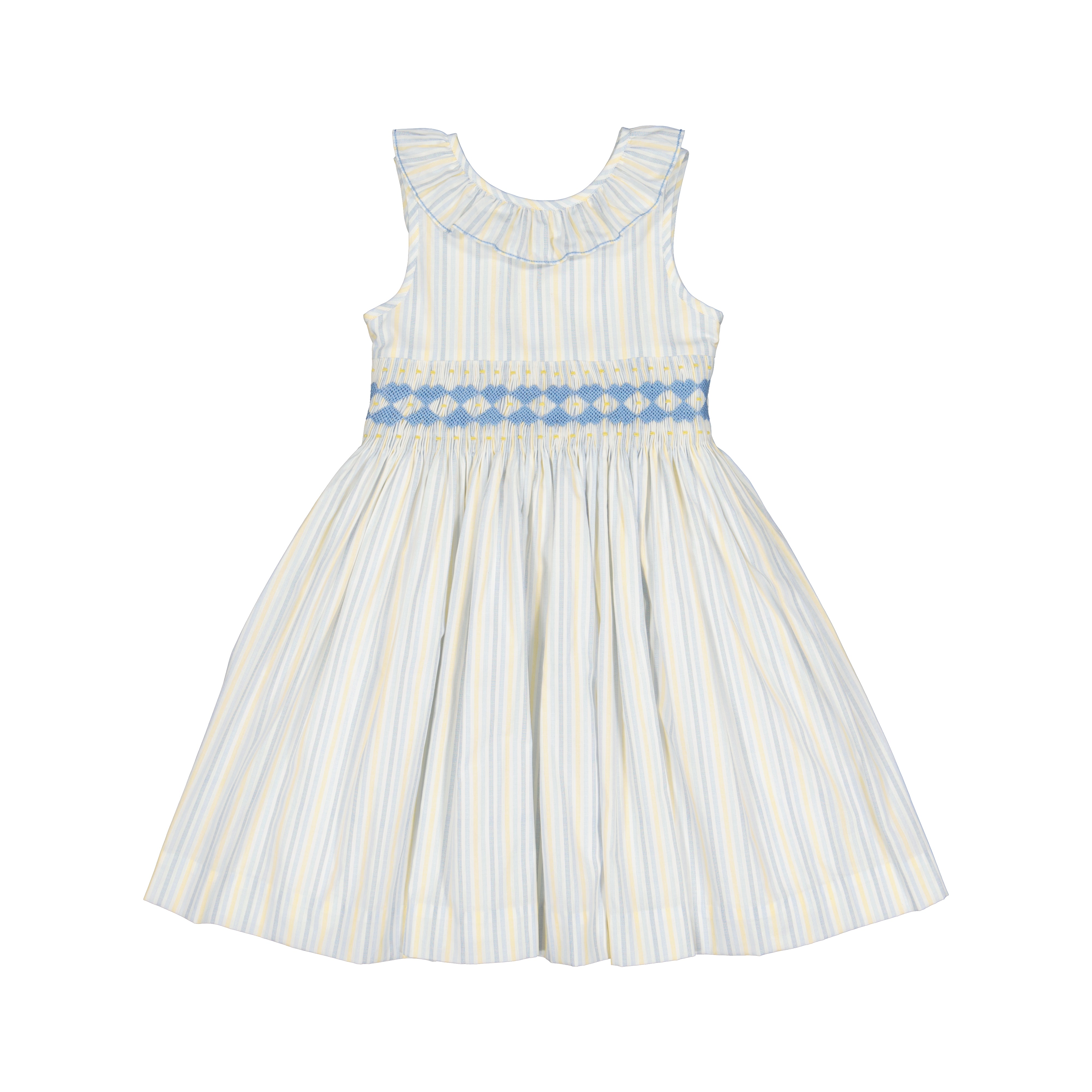 Capucine Blue Yellow Stripe Sleeveless Smocked Dress Capucine Blue Yellow Stripe Sleeveless Smocked Dress