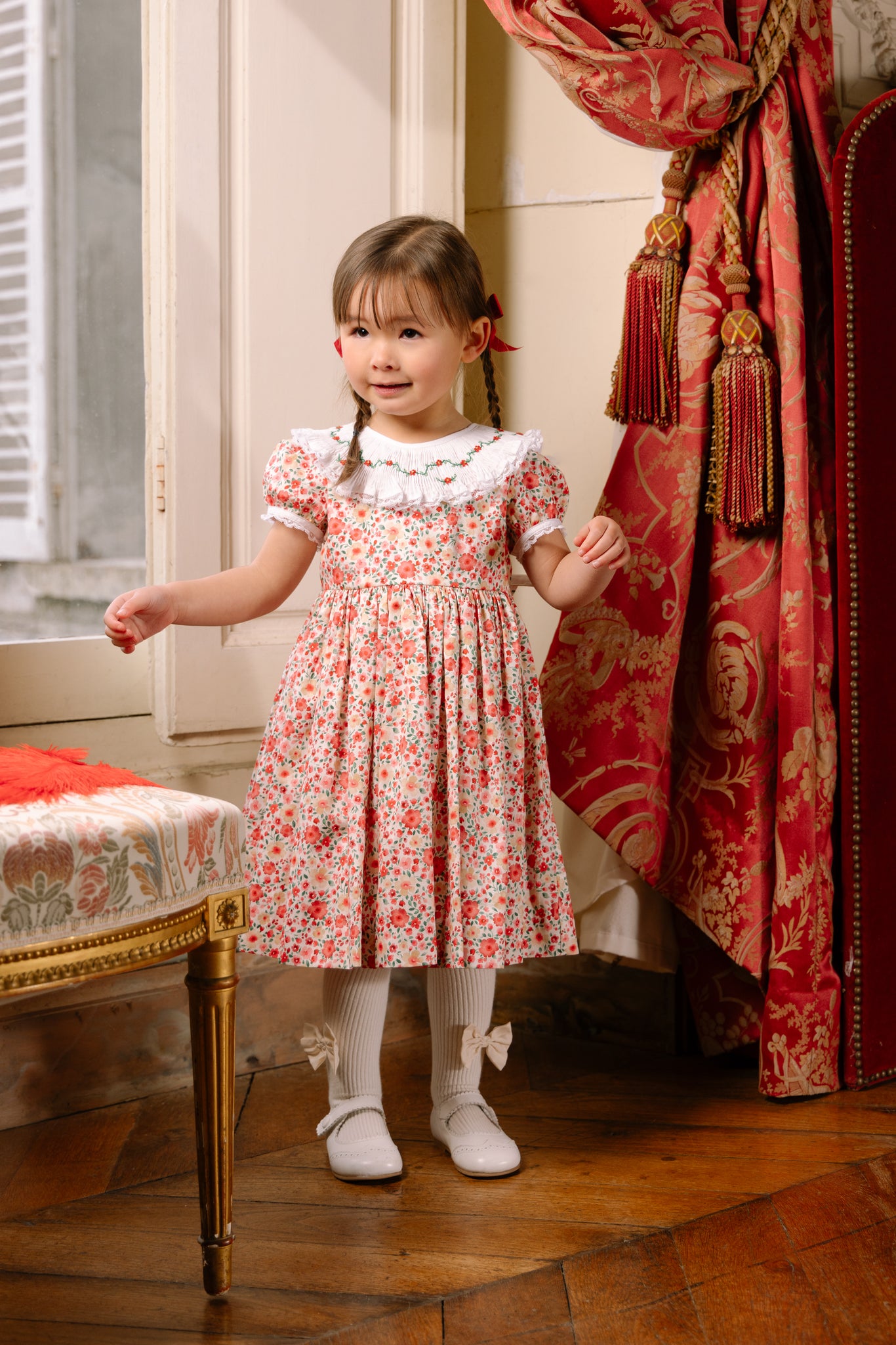 Close up to Celestine Red Floral Smocked Dress