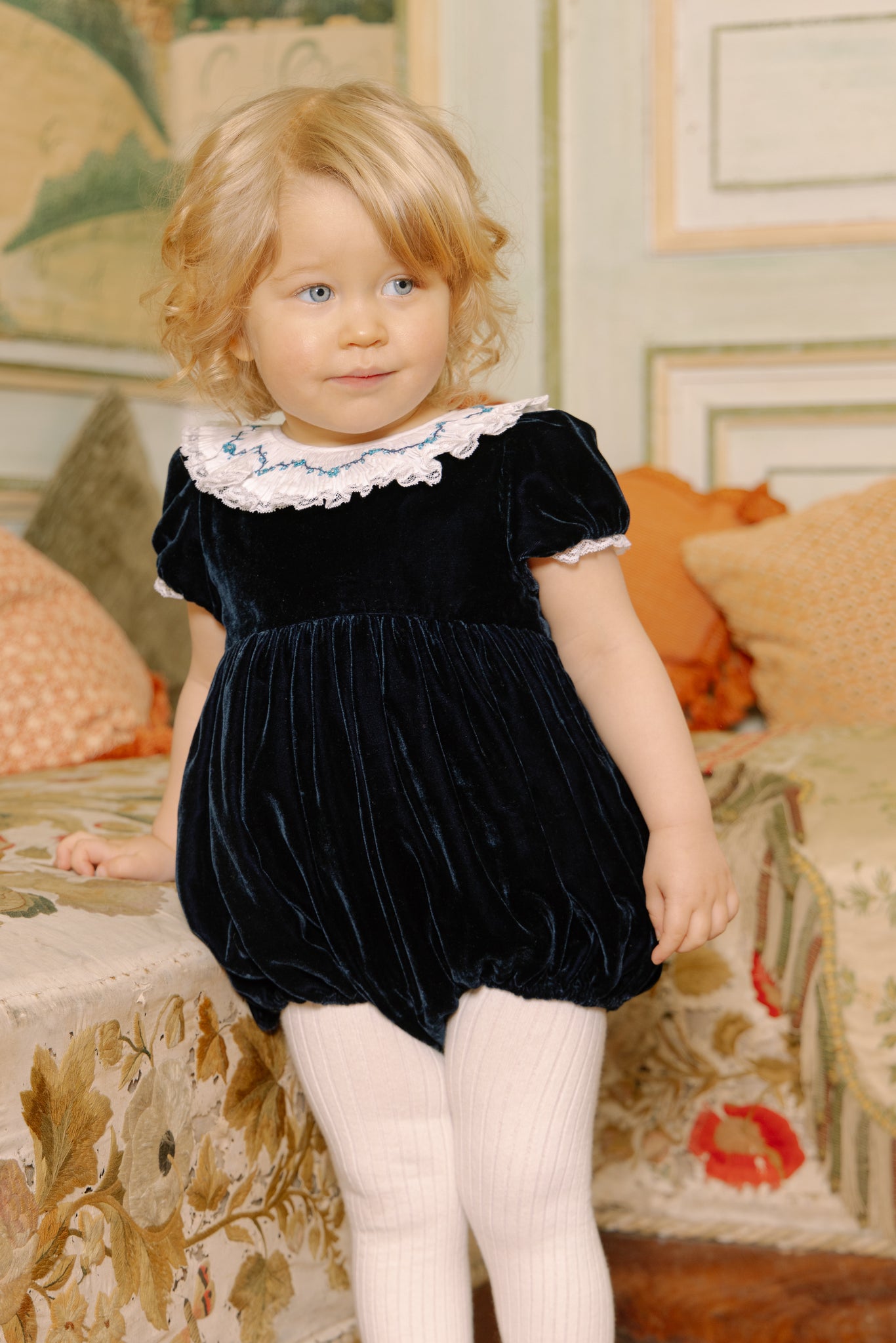 Celestine Navy velvet Smocked Romper