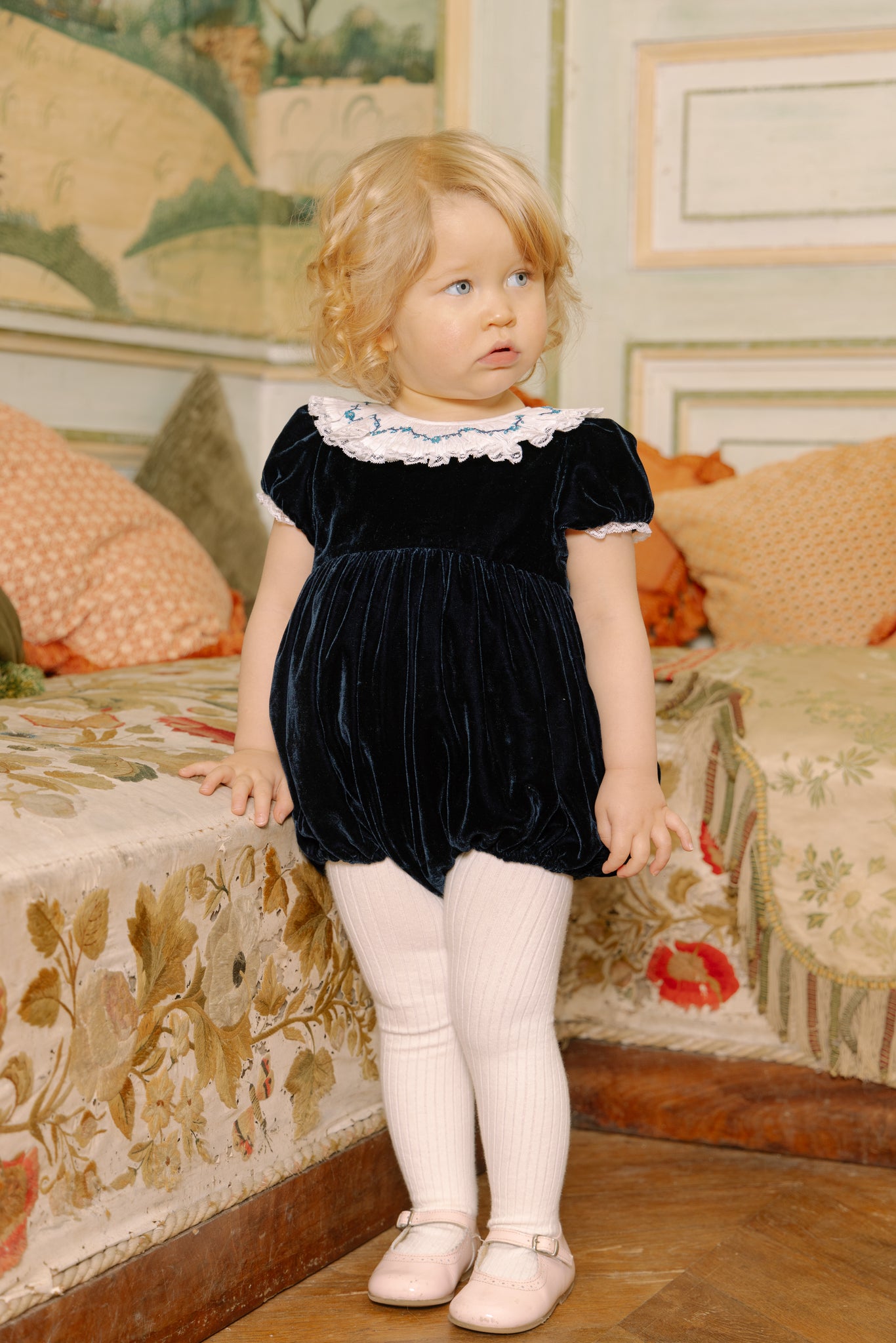 Celestine Navy velvet Smocked Romper