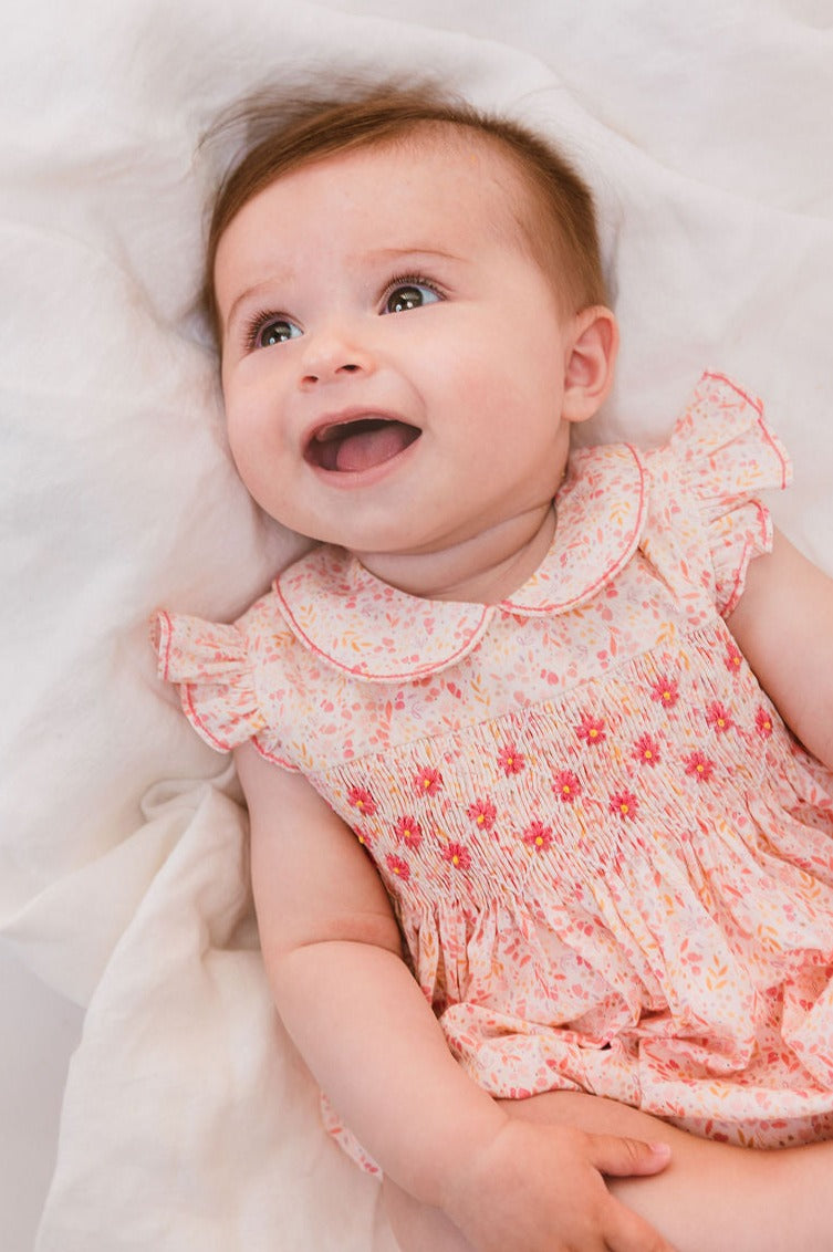 Petit Bebe Baby Girls Blue Belle Floral Print Smocked Bubble main image 0