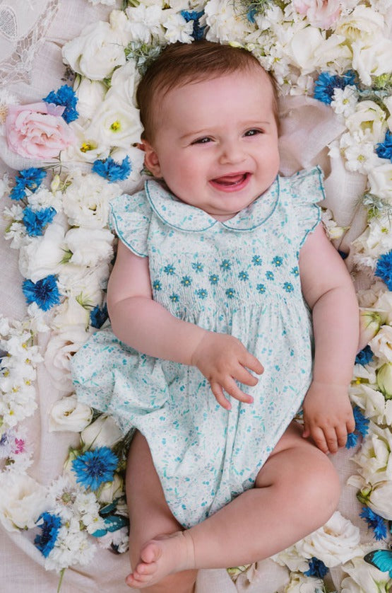 COSMOS BLUE FLORAL SMOCKED BUBBLE