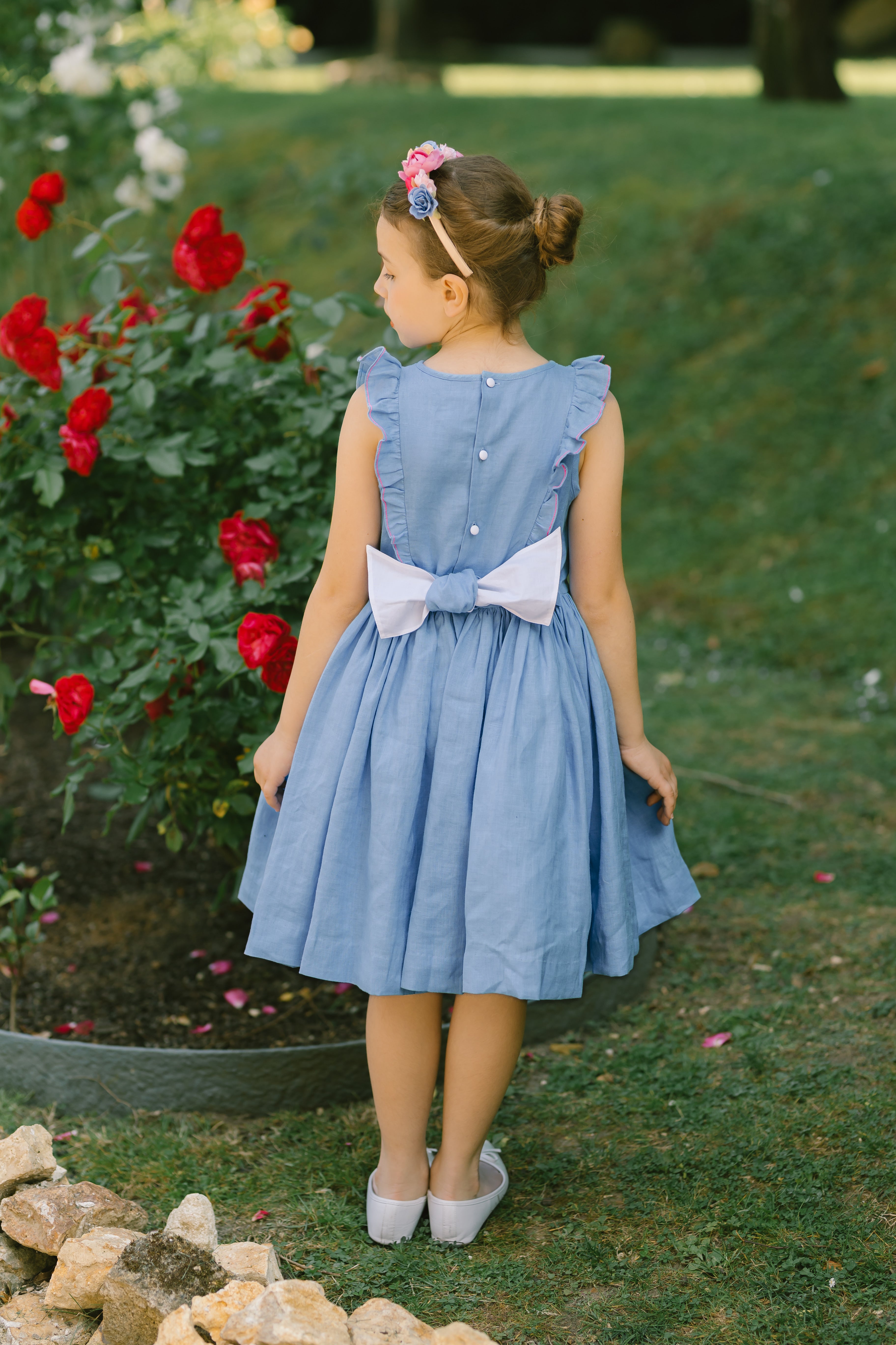 Elivia Blue Linen Smocked Girls' Dress