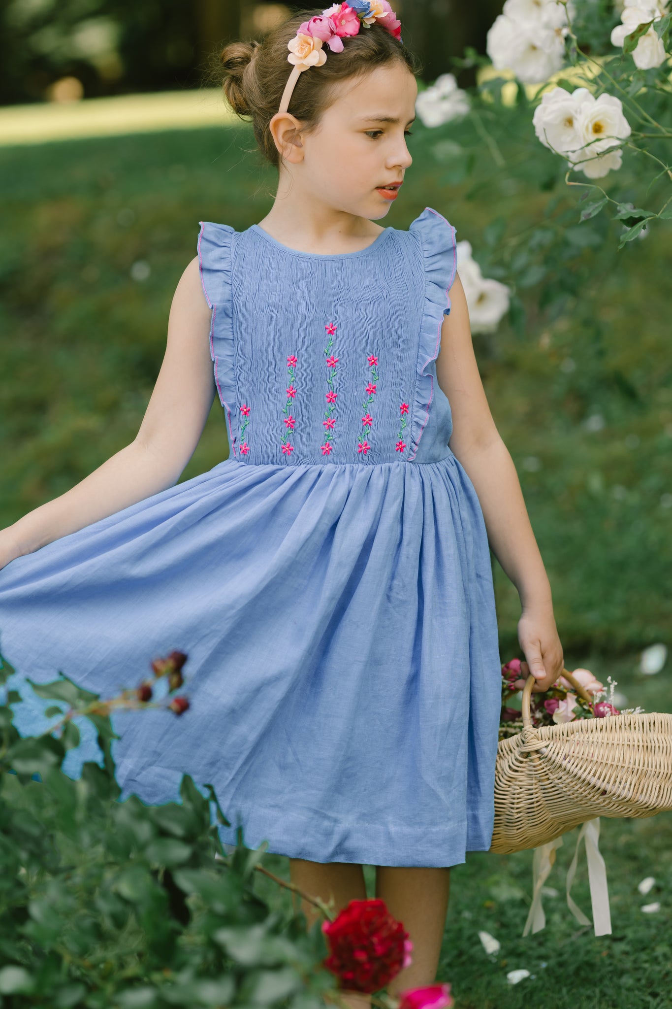 Elivia Blue Linen Smocked Girls' Dress | Antoinette Paris 3T Elivia Blue Linen Smocked Girls' Dress | Antoinette Paris 3T