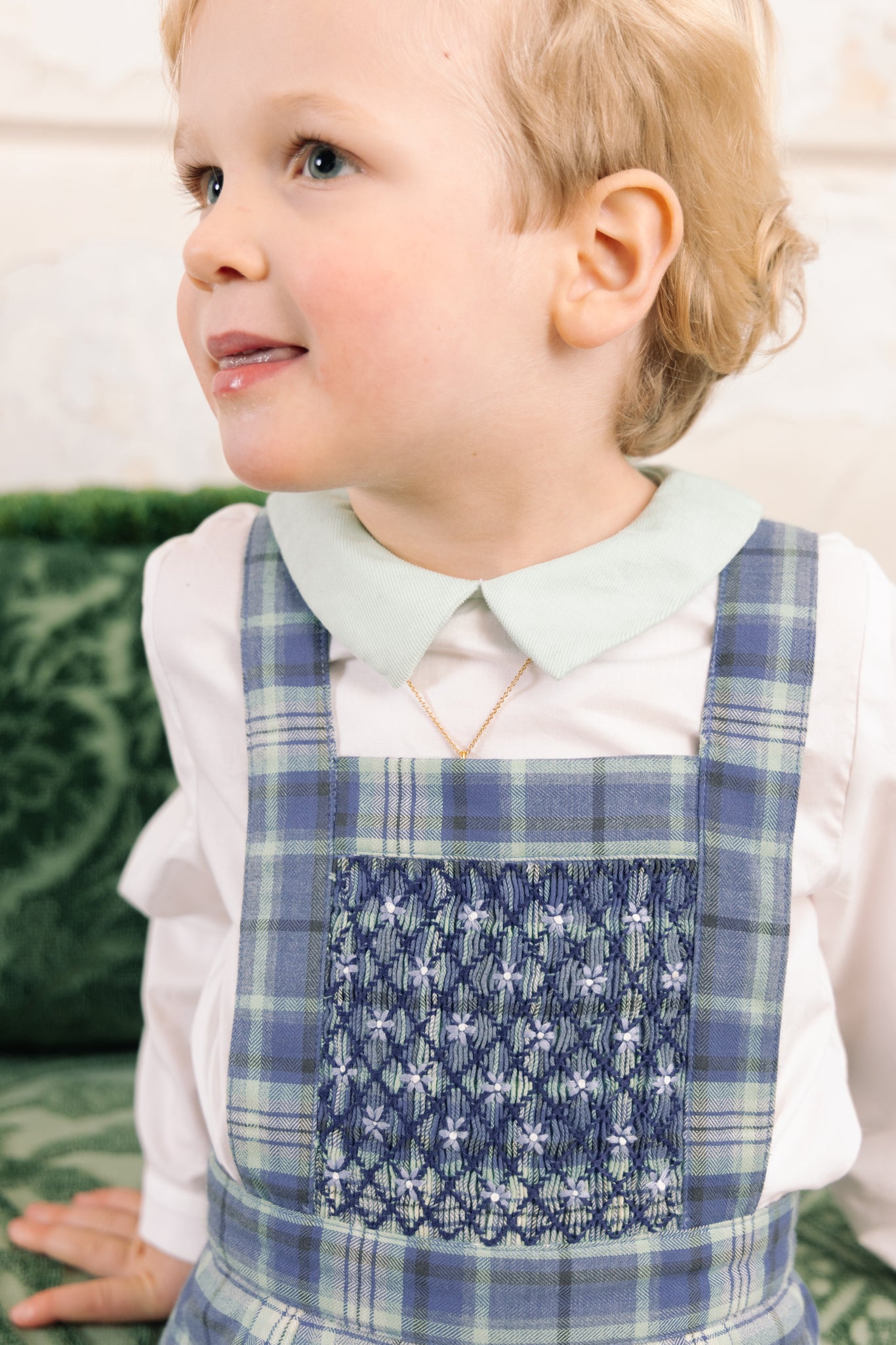Close-up of child wearing George Blue Tartan Overalls and Shirt