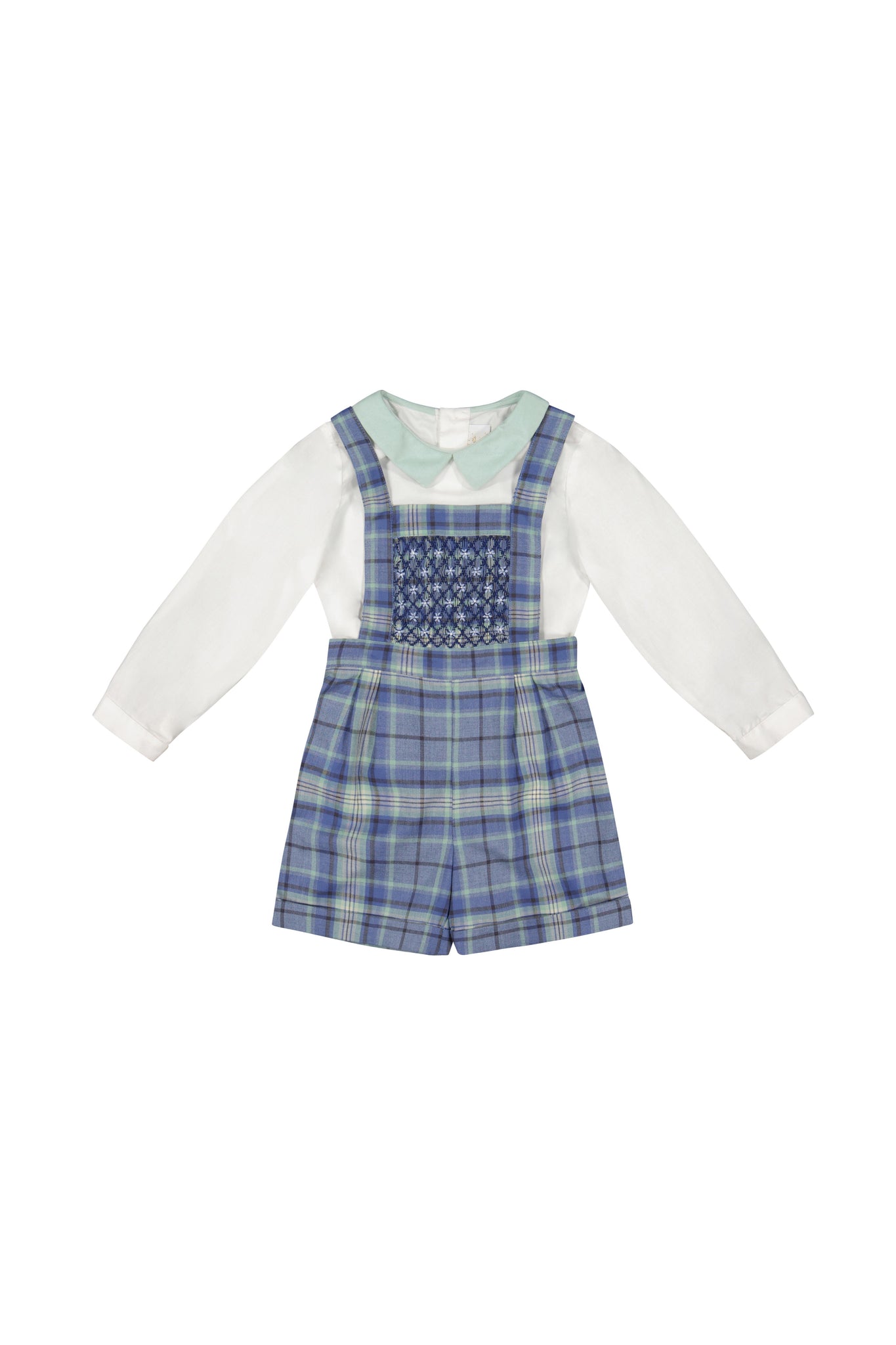 Front of George Blue Tartan Overalls and Shirt
